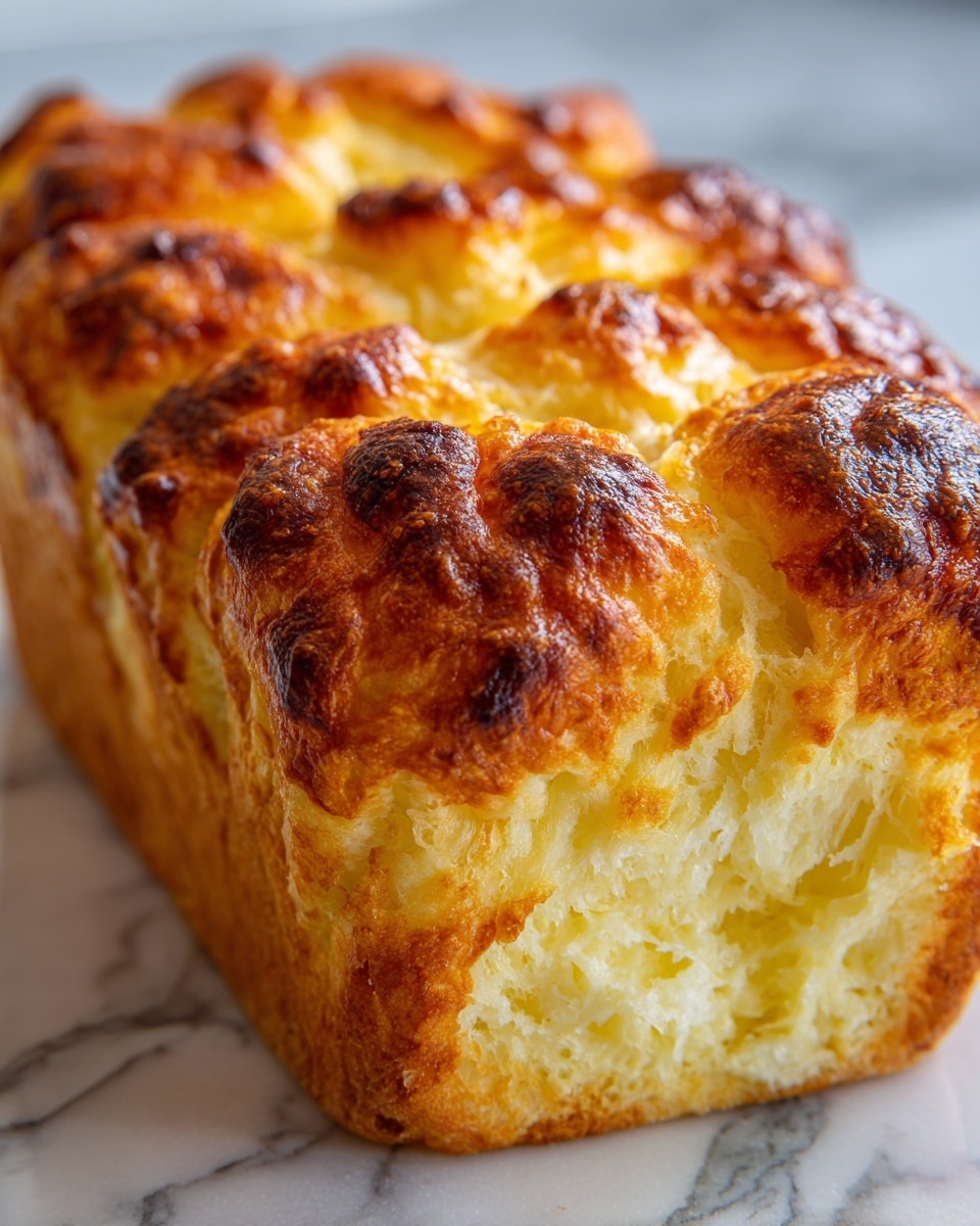A close-up view of a single loaf of bread with a golden to dark brown crust, showing a rough and slightly cracked texture on the top. The bread is composed of several rounded sections tightly packed together, creating a layered look with light yellow fluffy parts inside and darker brown baked crust on the outside. The loaf sits on a white marbled surface with blurred background elements, giving it a warm, fresh-baked feel. photo taken with an iphone --ar 4:5 --v 7
