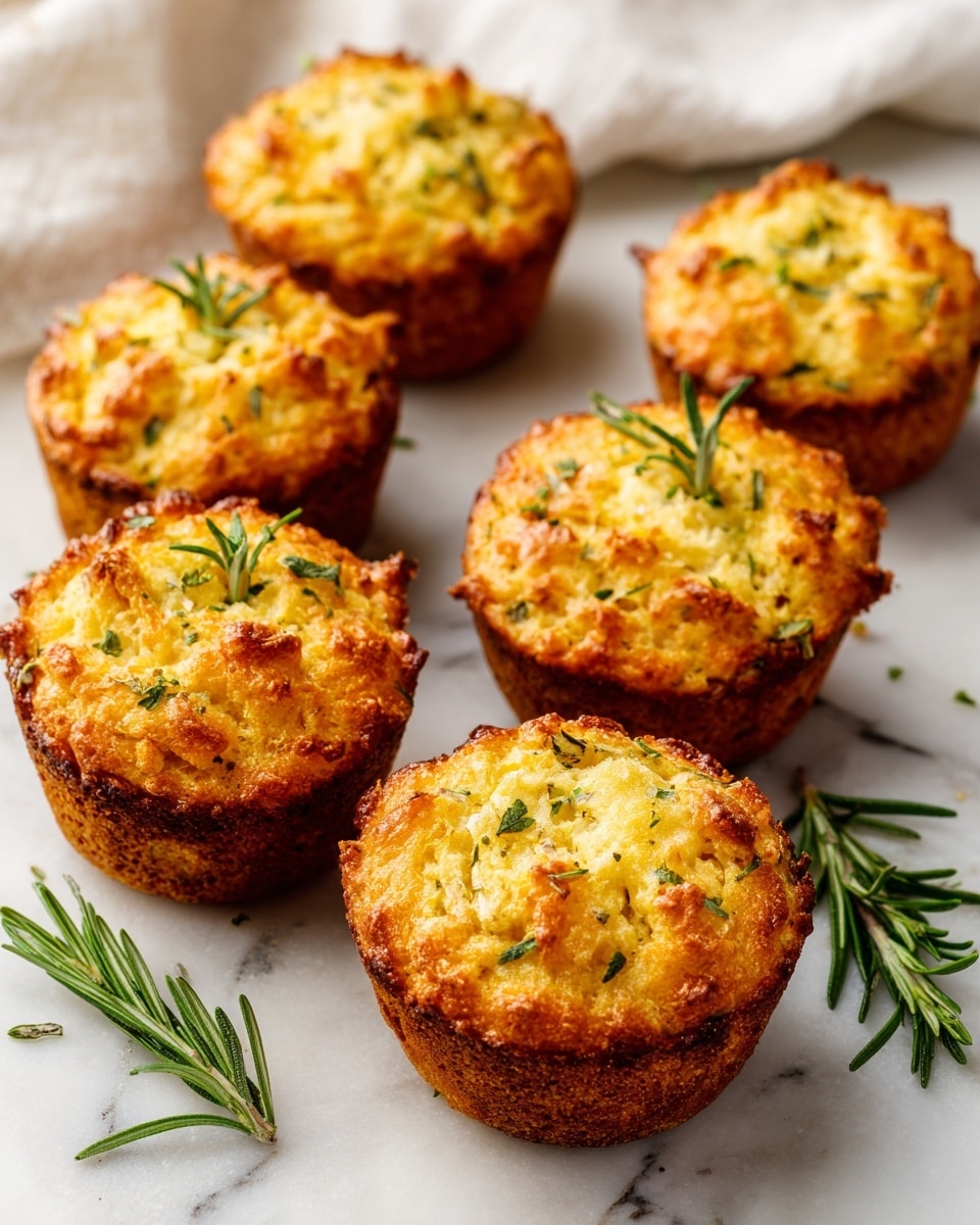 Six golden brown muffins with a rough, textured surface sit close together on a white marbled board, each topped with small green sprigs of rosemary. The muffins have a crispy, slightly uneven top with darker toasted spots, showing a fluffy interior beneath. Fresh rosemary sprigs lie next to the muffins on the board, adding a botanical touch. A soft beige cloth creates a gentle, blurred background that contrasts with the sharp focus on the muffins. Photo taken with an iphone --ar 4:5 --v 7