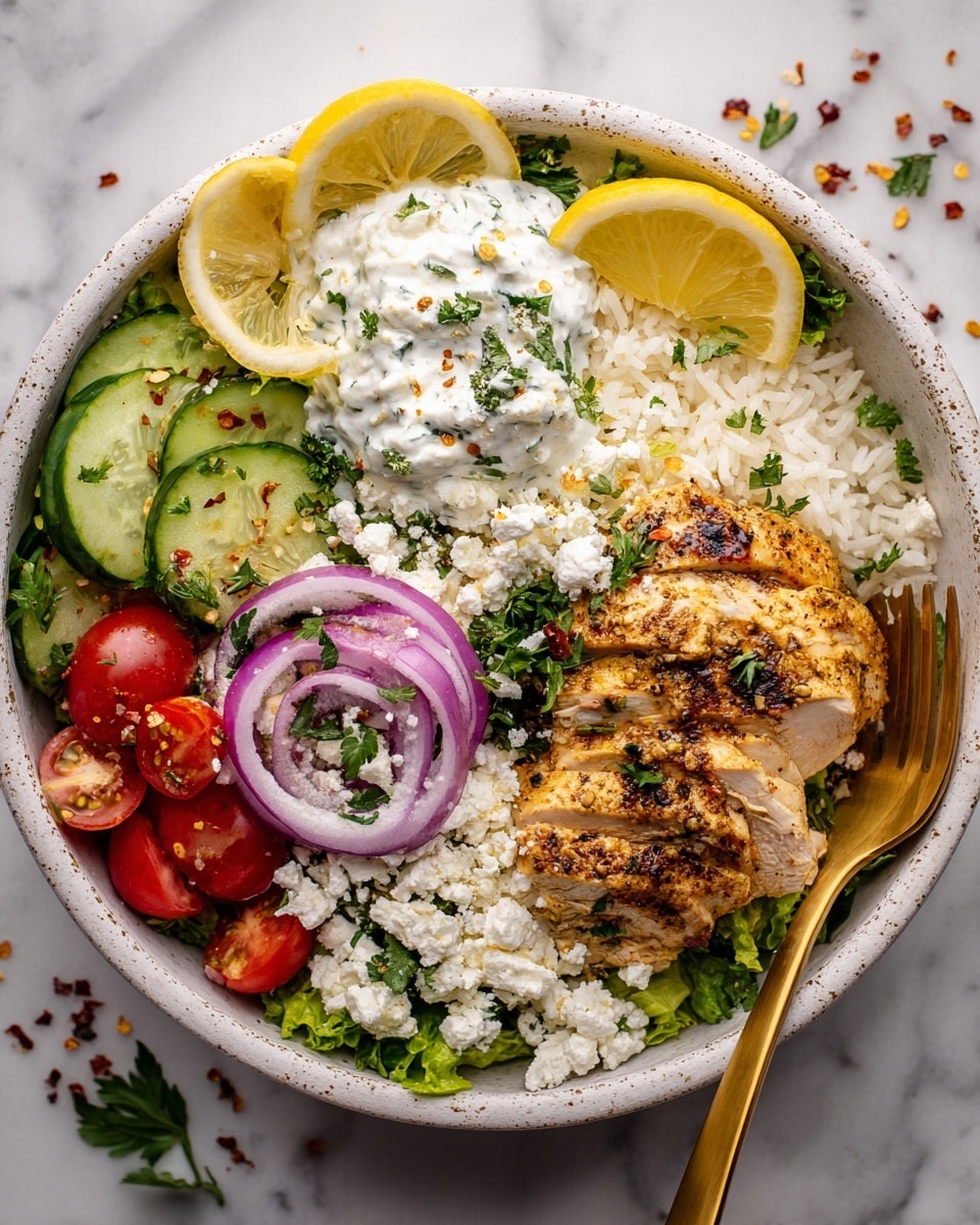In a white bowl on a white marbled surface, there is a layered dish with a base of white rice in the center. On the right, sliced grilled chicken with a brown, seasoned crust is placed on top of the rice, sprinkled with white cheese and green herbs. To the left of the rice are bright green cucumber chunks mixed with small bits of herbs, and next to them are white creamy sauce dollops mixed with herbs. Below these layers are dark red cherry tomatoes and thin purple onion slices over light green shredded lettuce. Four lemon wedges are placed at the front edge of the bowl. The bowl is accompanied by a gold spoon on the right side. Photo taken with an iphone --ar 4:5 --v 7
