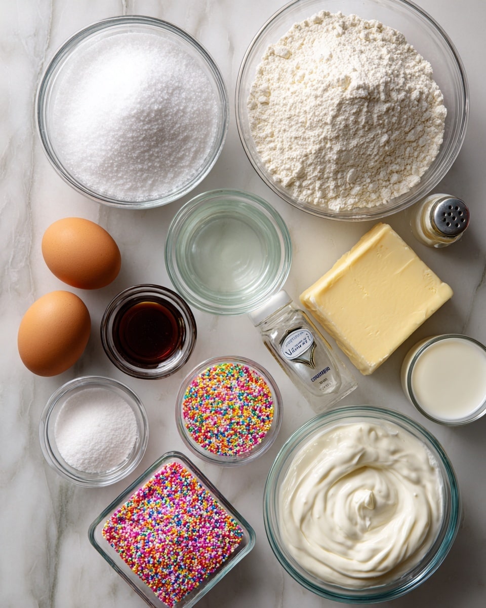 The image shows different baking ingredients arranged neatly on a white marbled surface. There are two clear glass bowls, one filled with white granulated sugar and the other with off-white cake flour that has a slightly rough texture. Nearby, there are two eggs, one brown and one light beige, placed side by side. Small glass bowls hold white baking powder, white baking soda, and clear cooking oil. A clear glass container with a metal lid contains white salt. A dark glass bottle labeled vanilla extract stands next to a small square clear glass bowl filled with colorful sprinkles in bright orange, pink, yellow, purple, and green. There is a glass bowl with thick white sour cream and a glass of white milk. A rectangular piece of unsalted butter is also visible. All items are arranged neatly on the surface. Photo taken with an iphone --ar 4:5 --v 7