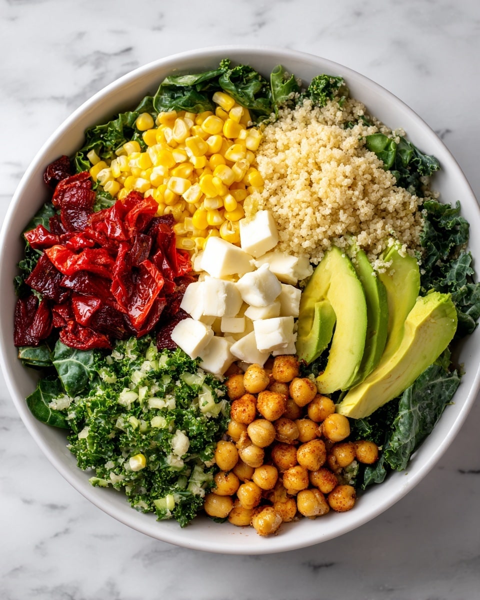 A white bowl on a white marbled surface holds a colorful layered salad. The bottom layer is dark green spinach leaves. On top, arranged in separate small piles around the bowl's edge, are bright yellow corn, light brown cooked millet, green chopped avocado, green chickpeas, dark green kale, red roasted peppers, and white cubes of cheese. Each ingredient has a clear texture: the millet looks grainy, the cheese is smooth, and the greens look fresh and leafy. The overall look is neat and fresh. photo taken with an iphone --ar 4:5 --v 7