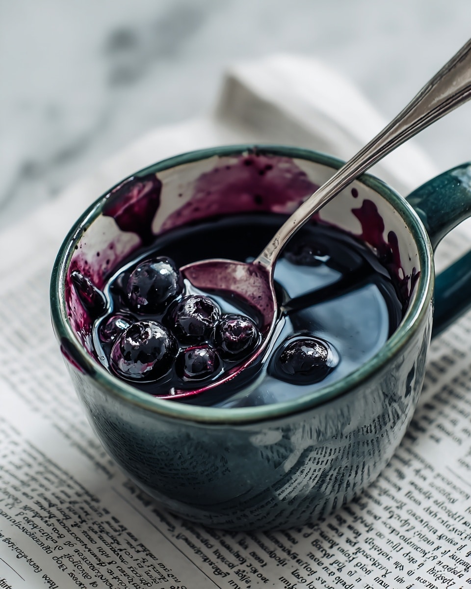 A close-up photo of a dark green cup filled with deep purple-blue cooked blueberries in syrup, with the syrup splattered and smeared inside the top inner edge of the cup. A silver spoon rests inside the cup, partially submerged in the blueberry syrup, with some blueberries on the spoon, reflecting light on the smooth syrup. The cup sits on a layer of printed newspaper on a white marbled surface. Photo taken with an iphone --ar 4:5 --v 7