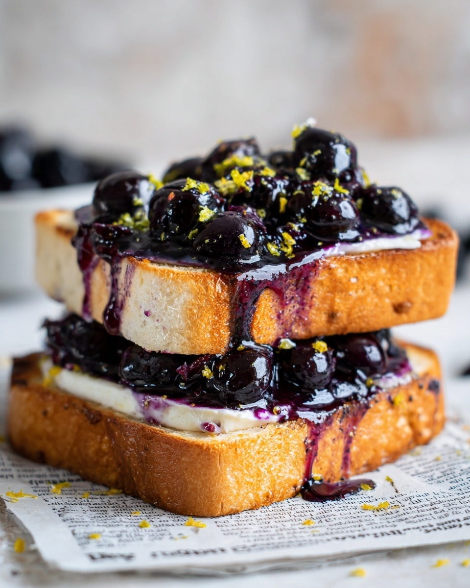 Two thick slices of toasted bread are shown on a white marbled surface covered with newspaper. Each slice has a base layer of creamy white spread, topped with a small pool of dark purple berry sauce that drips down the sides. On top, glossy whole dark blueberries and cherries with shiny skins form the final layer, with tiny yellow zest bits sprinkled over them. The background is softly blurred, focusing on the front slice. Photo taken with an iphone --ar 4:5 --v 7