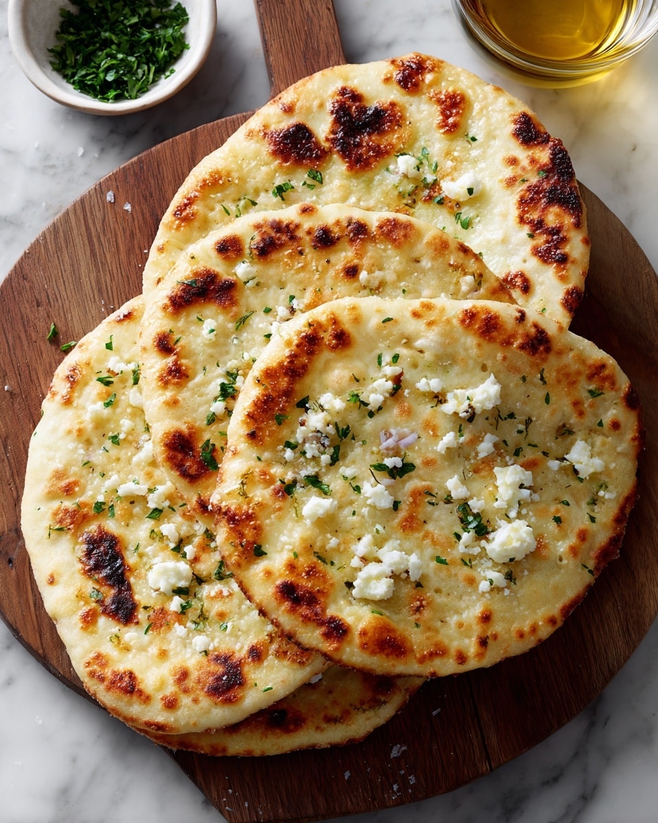 There are three round flatbreads stacked slightly on top of each other on a wooden cutting board, each flatbread is golden brown with darker brown spots and sprinkled with small green herb pieces and light crumbles of white cheese. The flatbreads look soft and slightly oily with glistening spots of melted butter or oil on the surface. The cutting board is placed on a white marbled surface with some green herbs scattered around. On the top right corner, there is a small clear glass bowl filled with golden oil, and the top left corner shows part of a white bowl with fresh green herbs inside. photo taken with an iphone --ar 4:5 --v 7