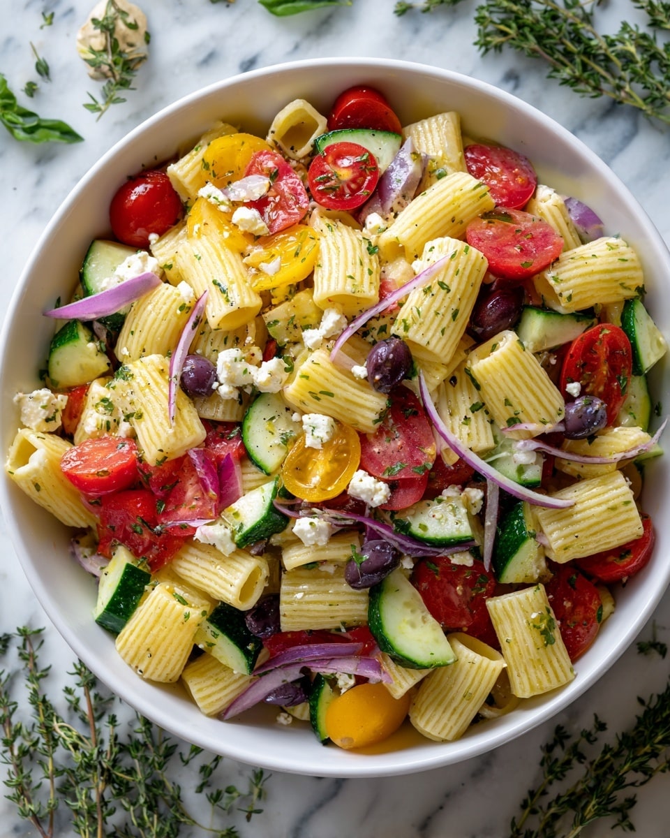 A colorful pasta salad is shown in a white bowl on a white marbled surface. The dish has three main layers: the bottom layer consists of square-shaped, ridged pasta pieces in a pale yellow color; scattered on top are pieces of bright red bell pepper, halved red and yellow cherry tomatoes, and dark green cucumber chunks; the top layer includes sliced green and black olives, small bits of purple onion, and crumbled white cheese, all mixed evenly throughout. The contents look fresh with a light coating of seasoning. Photo taken with an iphone --ar 4:5 --v 7