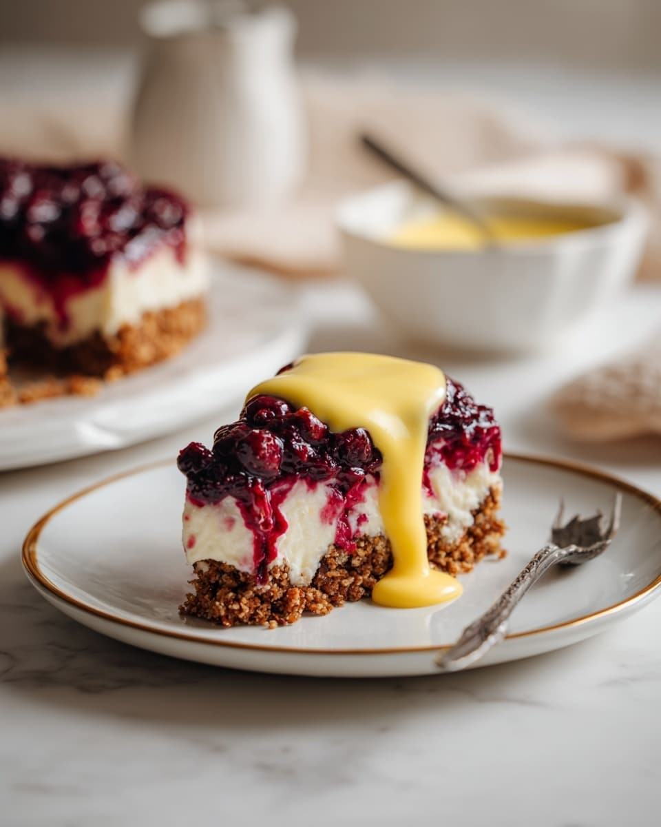 A round dessert with a thick, crumbly brown top layer, broken open to show a middle layer of soft white cream and a bottom layer of dark red and purple berry filling that looks juicy and slightly messy, all placed on white parchment paper on a white plate with a small white cup of creamy light orange sauce on the side; a dark spoon is at the bottom right inside the plate, and the whole scene sits on a white marbled texture surface. photo taken with an iphone --ar 4:5 --v 7