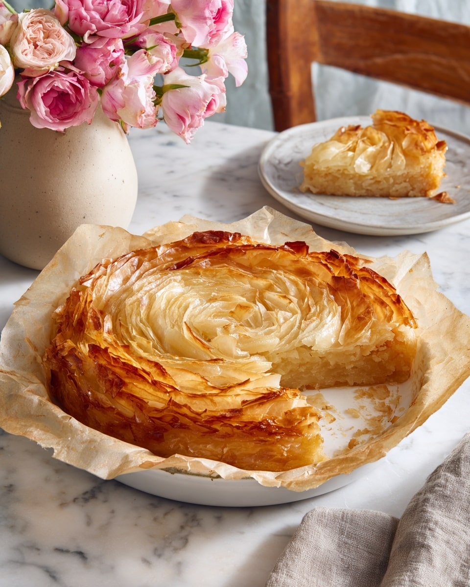 A spiraled pie with many golden brown, crispy layers of thin crust is placed in a round white dish lined with parchment paper; the pie is dusted lightly with powdered sugar on top. A large wedge has been taken out, revealing soft layers inside that look moist and light brown. In the foreground, a piece of the pie sits on a simple light gray plate. The setting includes white marbled surface, stacked gray plates with forks, and a bouquet of pink and white flowers in a cream container in the background. A textured white cloth is casually placed nearby. Photo taken with an iphone --ar 4:5 --v 7