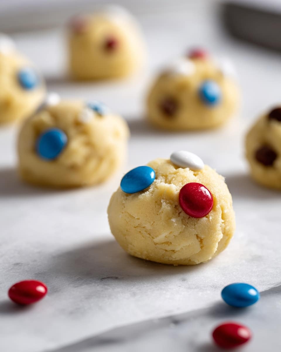 The image shows a close-up of a ball of cookie dough on white parchment paper, placed on a tray. The dough is light yellow in color with a soft texture and is decorated on top with small, round candy pieces in red, blue, white, and brown colors. Several other similar balls of dough appear blurred in the background, arranged in a line. Some loose red and blue candies are scattered on the paper around the dough balls. The surface underneath has a white marbled texture photo taken with an iphone --ar 4:5 --v 7
