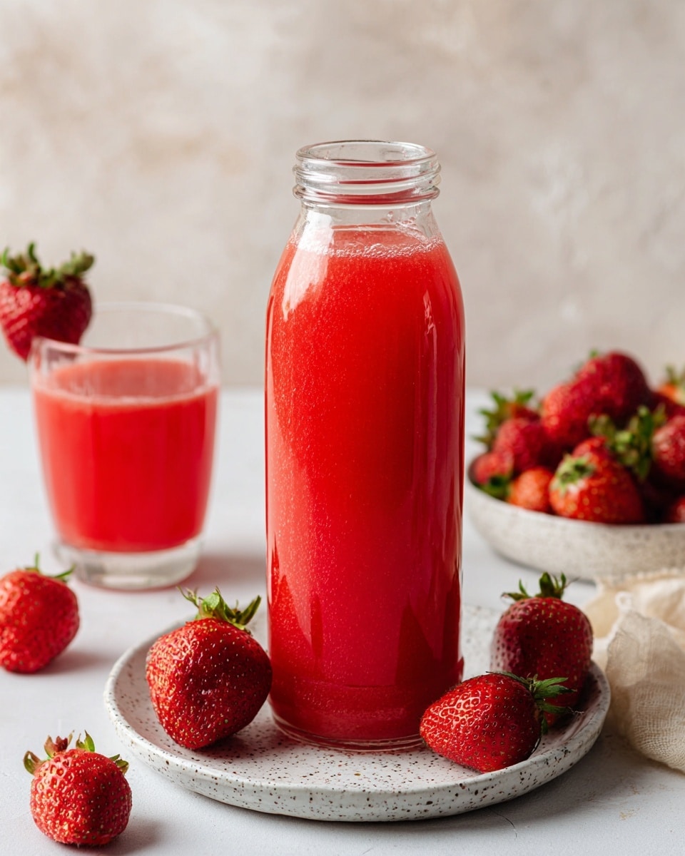 A tall clear glass bottle filled with bright red strawberry juice is placed on a white marbled surface. Next to the bottle, there is a short clear glass also filled with the same red juice, with a strawberry resting on its rim. Several fresh strawberries, with their green tops on, are scattered around the bottle and glass on the white marbled surface. The background is light and soft with subtle texture. Photo taken with an iphone --ar 4:5 --v 7