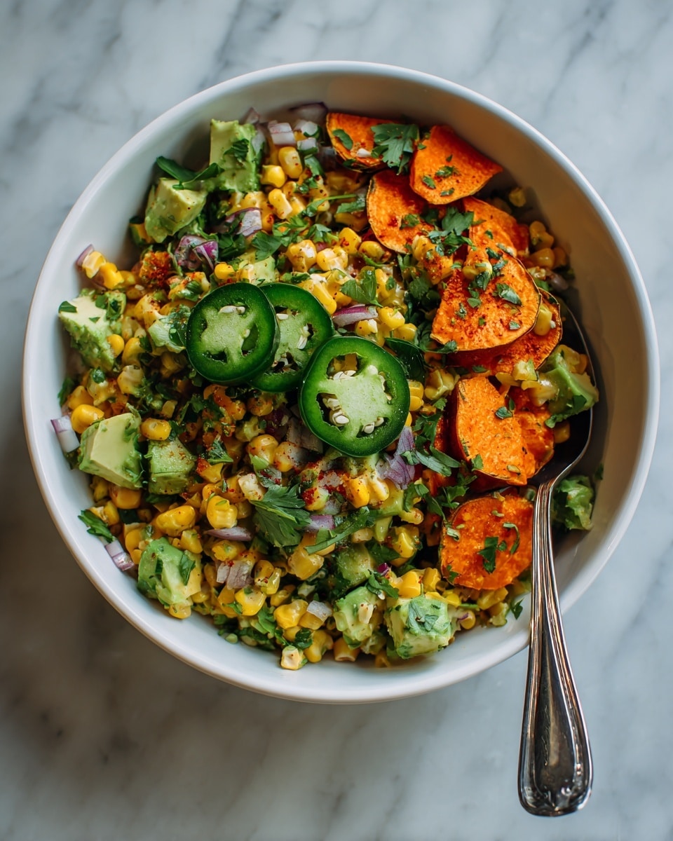 The image shows a white bowl filled with a colorful salad. The bottom layer is made of yellow corn kernels mixed with small pieces of white onion. On top, there are bright orange slices of roasted sweet potato arranged in layers. Green jalapeño slices with seeds are scattered around, while small pieces of green avocado add creaminess. A sprinkle of black pepper and fresh green herbs are spread across the dish. A silver spoon is placed on the right side inside the bowl. The bowl is placed on a white marbled surface. Photo taken with an iphone --ar 4:5 --v 7