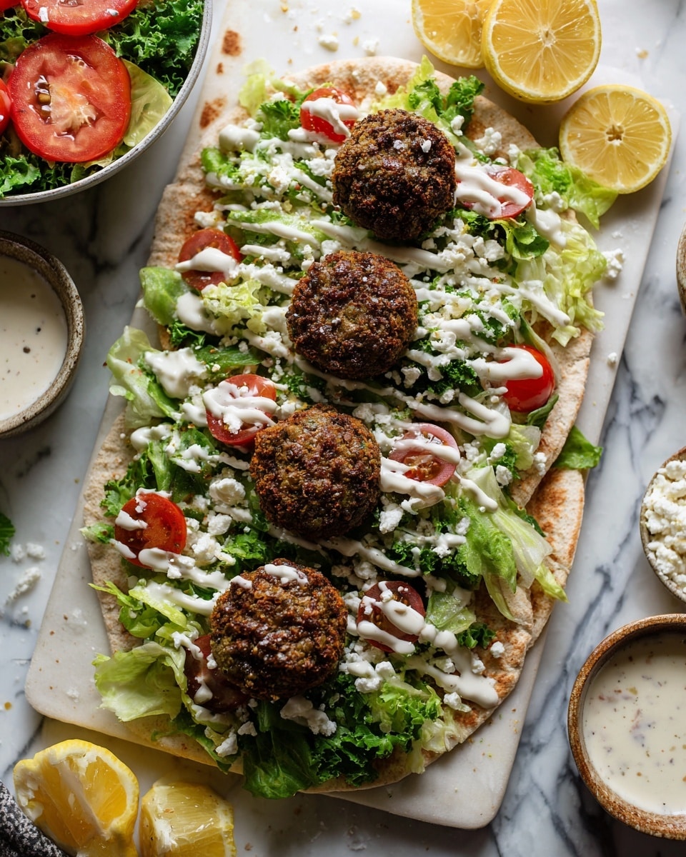 A flat pita bread topped with three thick, brown falafel balls placed evenly in a row. On the pita, there are layers of fresh, bright green lettuce, red cherry tomato halves scattered around, and a drizzle of white sauce over everything. Small white crumbles of cheese are sprinkled on top. The dish is arranged on a white marbled surface with two lemon halves on the right side, a salad bowl with sliced tomatoes and greens on the top left, and a bowl of white sauce at the bottom right. Photo taken with an iphone --ar 4:5 --v 7