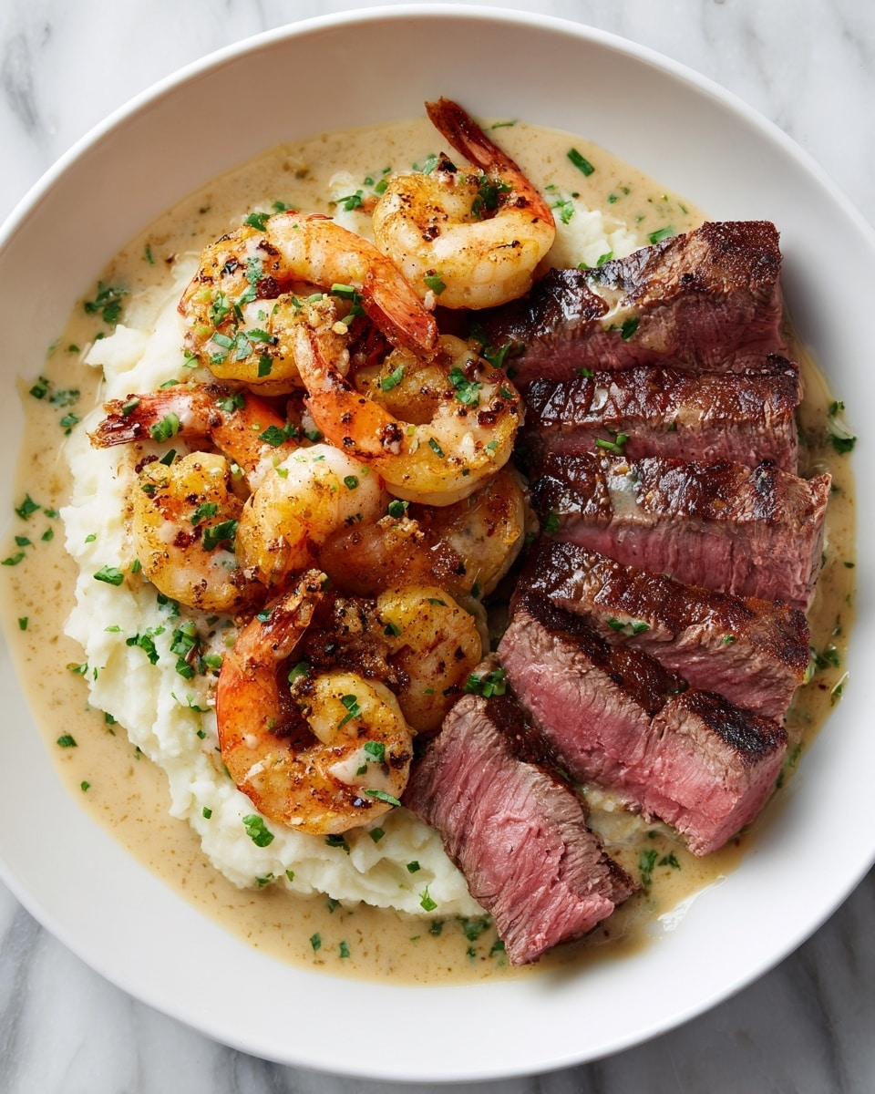 A white plate holds a dish with three main parts. On the left, there are six thick slices of medium rare steak, showing a pink center and a dark seared outside, covered with a creamy light beige sauce sprinkled with green herbs. On the right side of the plate, a small mound of mashed potatoes forms the base, topped with five large cooked shrimp that are light pink and white with small green herb bits on them. The entire dish rests in a pool of the same creamy sauce, all set on a white marbled surface. Photo taken with an iphone --ar 4:5 --v 7