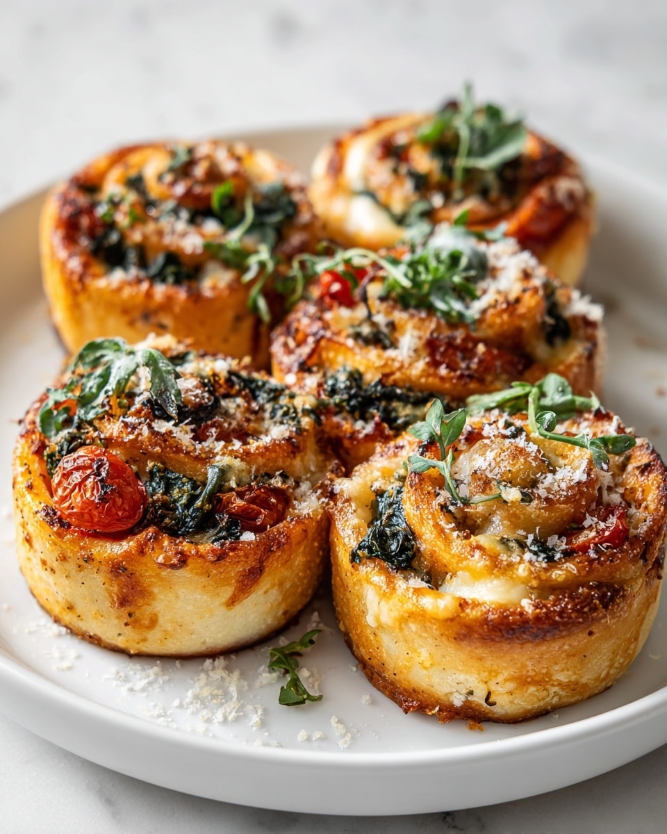 The image shows five pizza rolls arranged closely on a white plate, each roll tightly spiraled with visible layers. The outer layer is a golden-brown baked crust with a slightly crispy texture. Inside, there are layers of red tomato sauce, melted white cheese, and green spinach or basil leaves. The rolls have a light sprinkling of grated cheese on top, along with small torn green herb leaves scattered both on the rolls and the plate. The background surface is a white marbled texture, adding contrast to the vibrant colors of the rolls. Photo taken with an iphone --ar 4:5 --v 7
