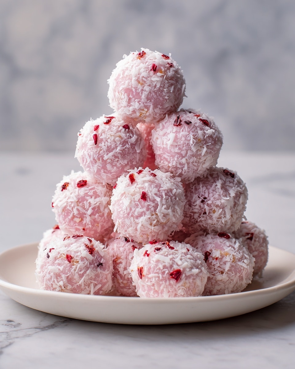 A stack of nine pink round balls covered with small white flakes and red specks is arranged in a white plate. The balls have a soft texture with visible bits of red and light yellow, giving a speckled look. They are piled in a pyramid shape with the bottom layer holding five balls, the middle layer holding three, and one ball resting on top. The plate is set on a white marbled surface, and the image has a soft blurred background. photo taken with an iphone --ar 4:5 --v 7