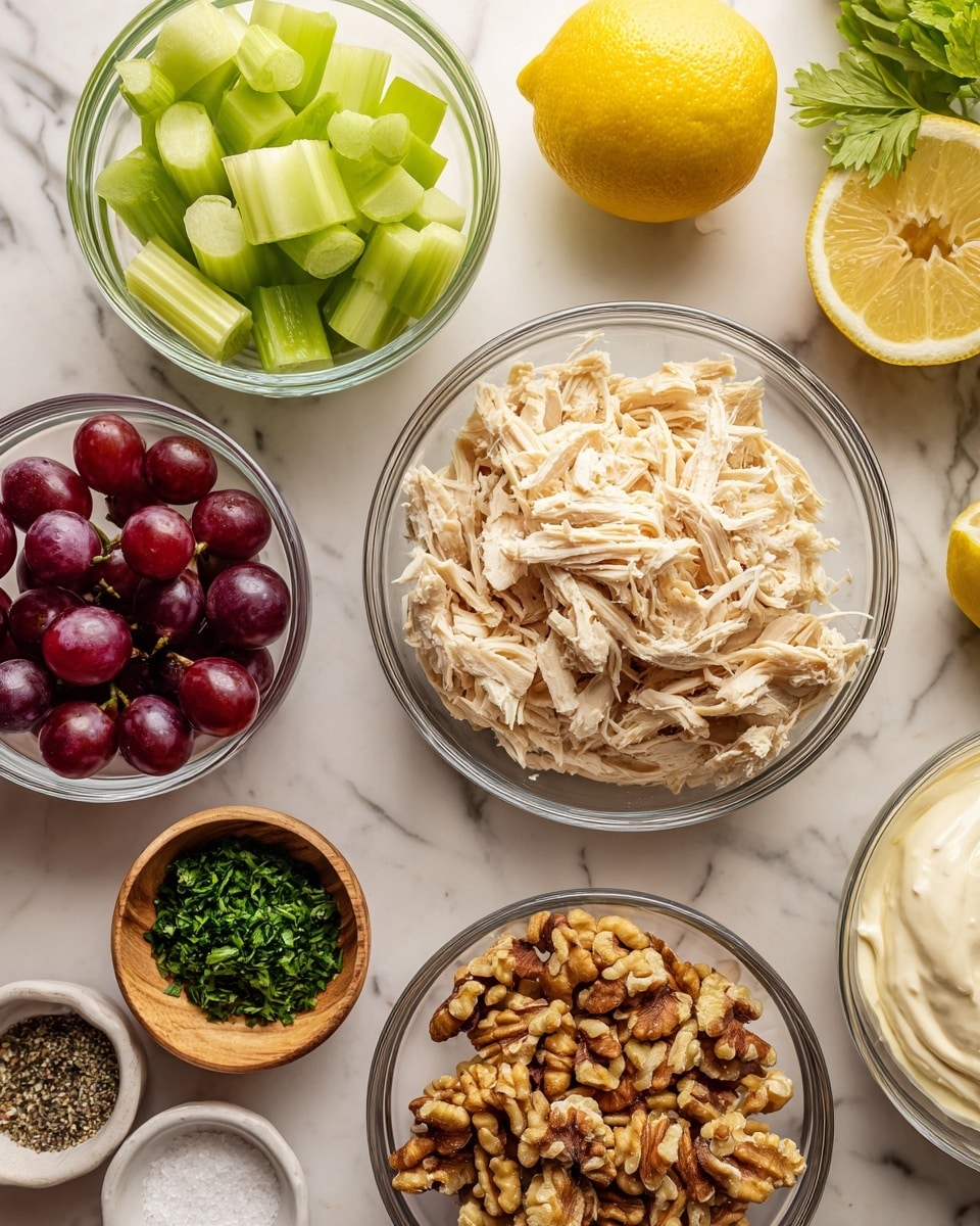 The image shows several clear glass bowls arranged on a white marbled surface, each filled with a different ingredient. The largest bowl in the center contains shredded pale beige chicken with a fibrous texture. To the right, a medium bowl holds chopped light brown walnuts with some darker skin bits. Below the walnuts, there's a bowl of bright purple and red halved grapes with shiny skins. To the left of the grapes, a bowl filled with light green celery slices, each showing a crisp texture. Below the celery, a small bowl contains finely chopped fresh dark green herbs. Next to the herbs is a whole yellow lemon. On the right side, a bowl contains a creamy white mixture showing a smooth texture, and two tiny bowls with white salt and black pepper granules are near the bottom. photo taken with an iphone --ar 4:5 --v 7