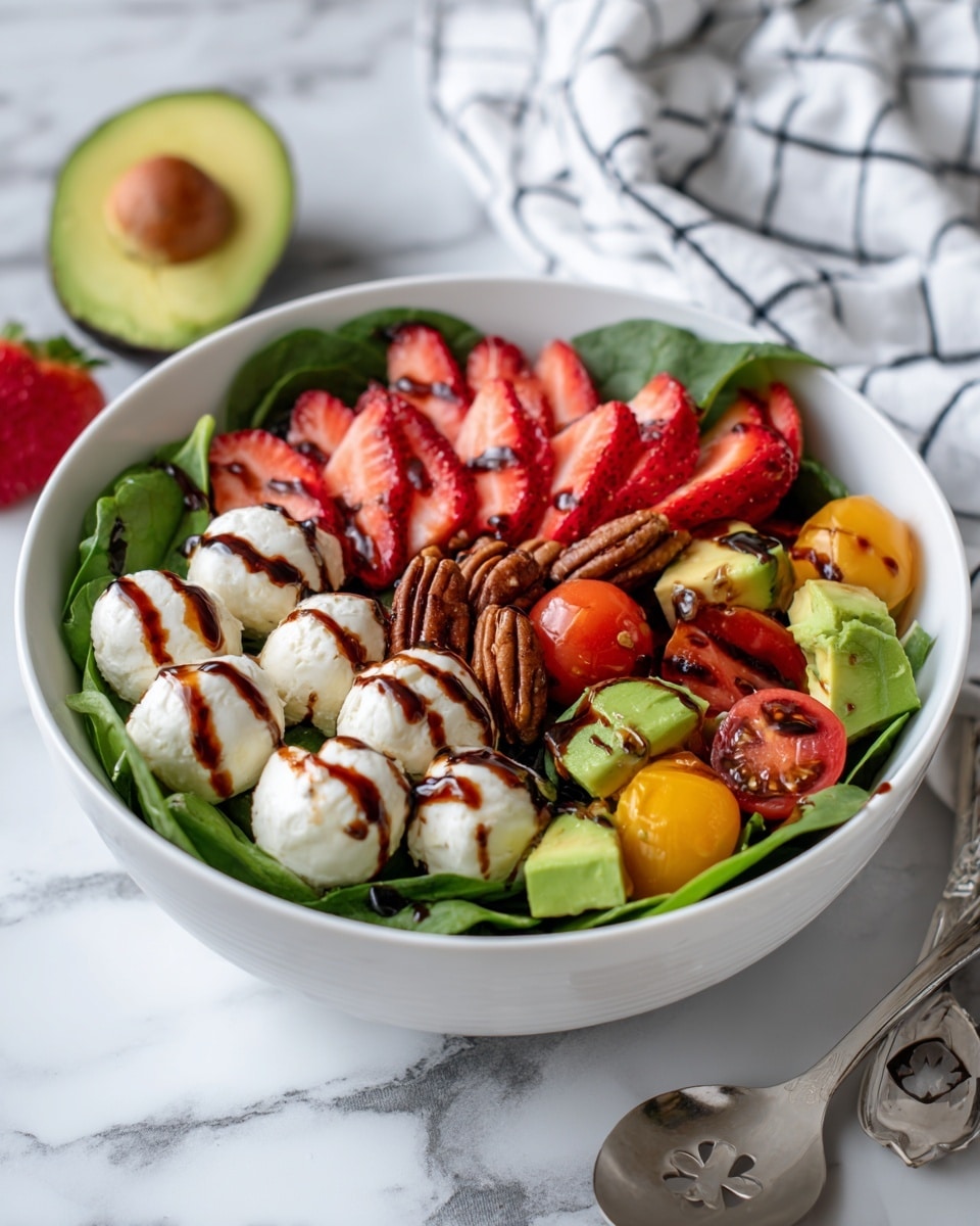 A white bowl filled with a colorful salad sits on a white marbled surface. The salad has a base layer of fresh green spinach leaves scattered at the bottom. On top of the spinach are halved red and yellow cherry tomatoes, segments of bright red strawberries, small white mozzarella balls, chunky light green avocado pieces, and brown pecan halves spread evenly. Dark balsamic glaze is drizzled over the salad, adding a glossy texture. Around the bowl are a halved avocado, a small bowl of pecans, a small wooden spatula with spinach leaves, a checkered cloth, and a silver slotted spoon. Photo taken with an iphone --ar 4:5 --v 7