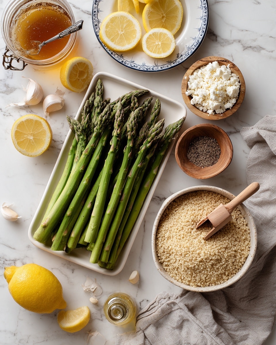 The image shows a top view of fresh cooking ingredients arranged neatly on a white marbled surface. In the center, there is a white ceramic tray filled with bright green asparagus spears neatly laying side by side. To the bottom right, a beige bowl filled with light tan quinoa grains has a wooden scoop resting inside. Above it, a small white bowl contains crumbled white cheese. At the top right, a small round wooden bowl holds ground black pepper. To the top left, garlic cloves are scattered beside a salt shaker, which sits near a small white plate with yellow lemon slices. An overturned glass container filled with amber liquid is placed on a white plate with blue trim at the upper right edge. At the bottom left, a clear small glass bottle contains yellow oil, next to whole fresh lemons and a lemon half. A light gray cloth napkin is folded beside the quinoa bowl. photo taken with an iphone --ar 4:5 --v 7