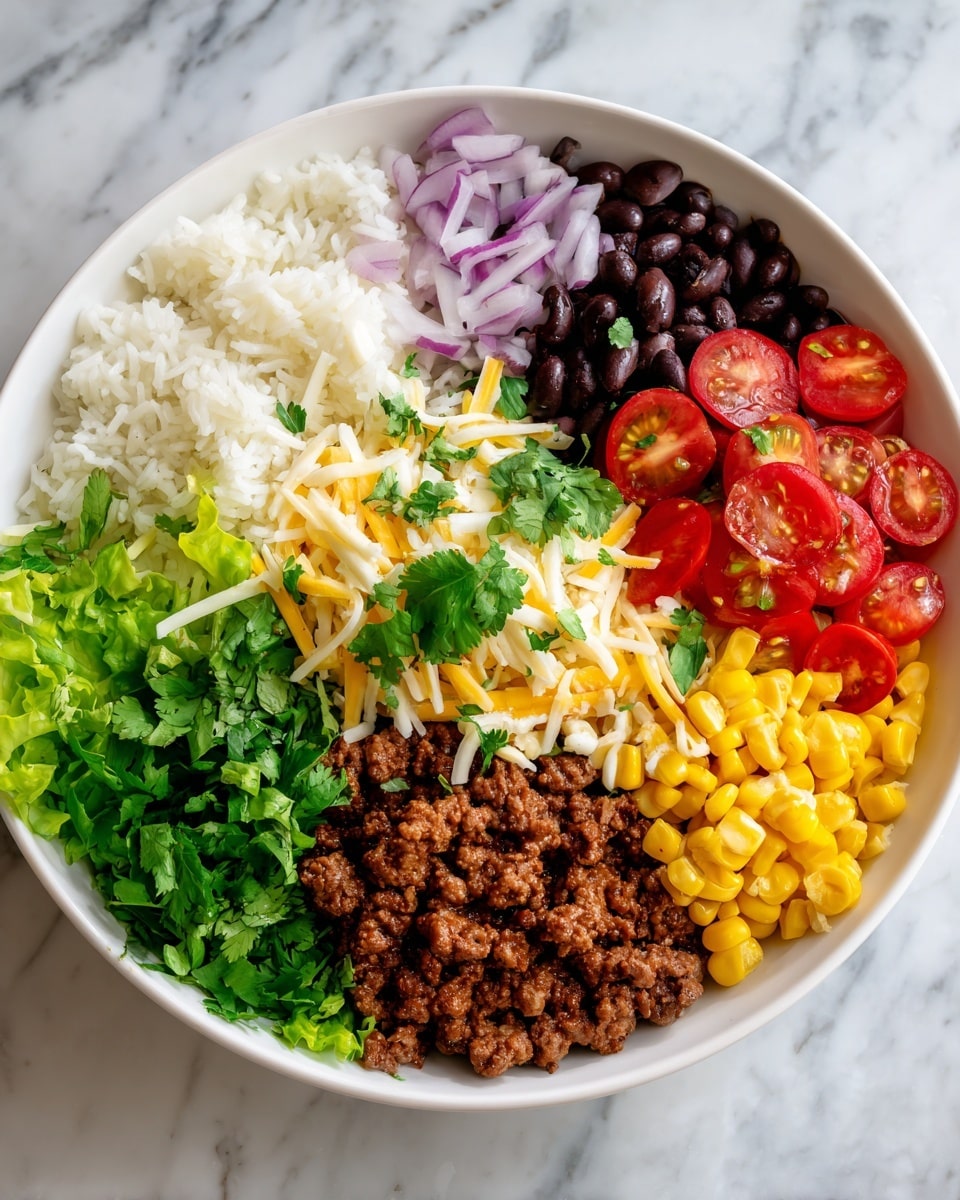 The image shows a white bowl filled with five main sections from left to right: fluffy white rice with a few slices of purple onion and cilantro leaves on top; cooked black beans with small chunks of green olives mixed in; bright red halved cherry tomatoes with green cilantro leaves on top; rich, brown cooked ground meat sitting in a separate corner; and bright yellow corn kernels. In the center, a mix of shredded yellow cheese and white sauce covers parts of the rice, beans, and tomatoes, while fresh green lettuce and cilantro are placed near the bottom edge. The bowl sits on a white marbled surface. photo taken with an iphone --ar 4:5 --v 7