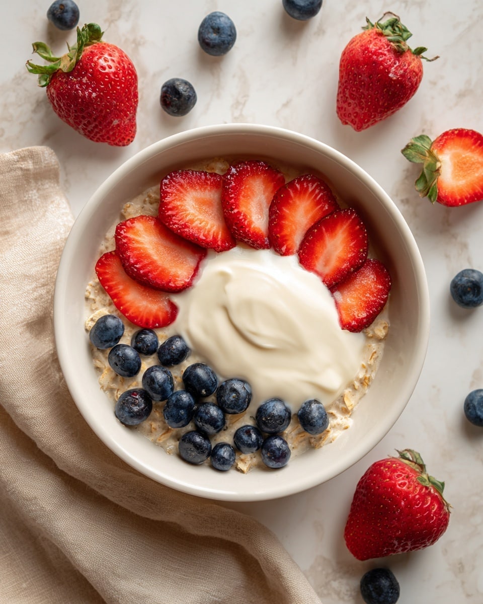 A white bowl holds a breakfast dish with three clear layers: the bottom layer is light brown oatmeal with visible oat flakes, spread evenly. On top of the oatmeal, bright red strawberry slices, each showing their inner white detail, are arranged in a circular pattern around the center. The middle layer is a thick dollop of creamy white yogurt placed in the bowl's center. Scattered on the yogurt and strawberry layer are many round, deep blue blueberries adding a glossy texture. Around the bowl, fresh whole blueberries and halved strawberries lay on a white marbled surface with a soft beige cloth nearby. photo taken with an iphone --ar 4:5 --v 7