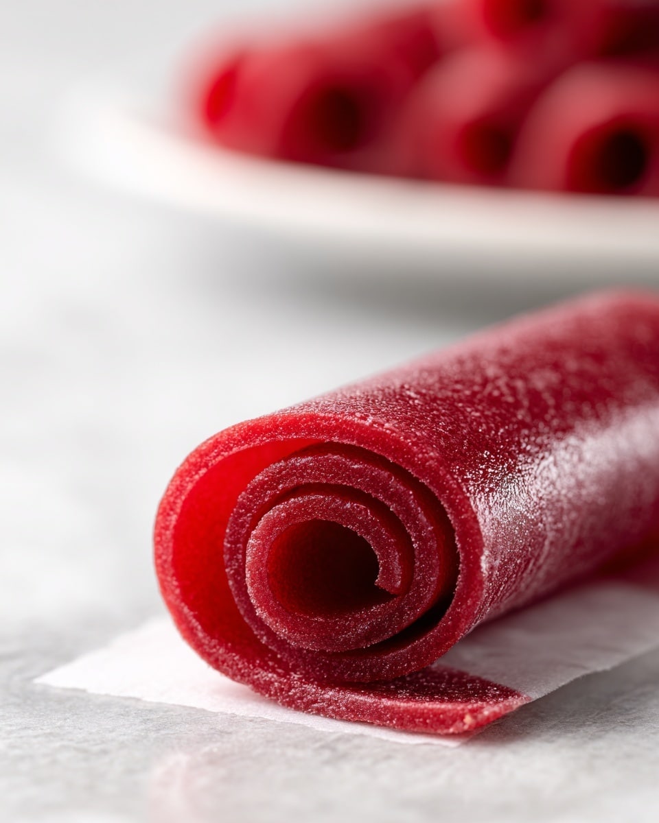 The image shows a close-up of a single red fruit roll with a smooth, slightly shiny texture, tightly rolled in several thin layers forming a spiral shape. The roll is resting on a flat surface with a small piece of wax paper underneath, and in the background, there is a white plate with several more similar red fruit rolls stacked together, slightly out of focus. The setting has a white marbled texture as the surface, adding brightness to the scene. photo taken with an iphone --ar 4:5 --v 7