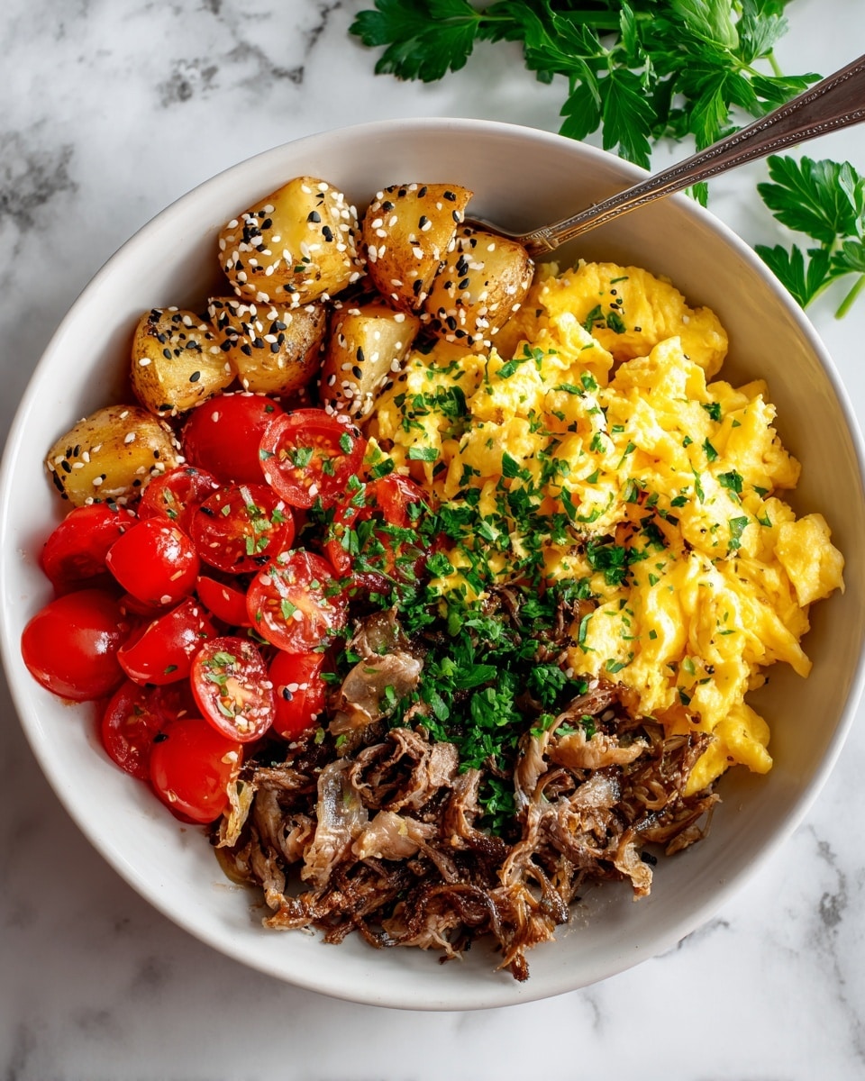 A white bowl filled with four main layers arranged side by side: golden scrambled eggs with a soft and fluffy texture on the left, bright red sliced cherry tomatoes topped with chopped green herbs in the middle-left, golden-brown roasted potato wedges with sesame seeds scattered on top in the middle-right, and finely shredded cooked beef with a slightly dark brown color on the right. A fork rests inside the bowl on the top edge. The bowl is set on a white marbled surface with sprigs of green herbs and a cluster of red cherry tomatoes in the background. photo taken with an iphone --ar 4:5 --v 7