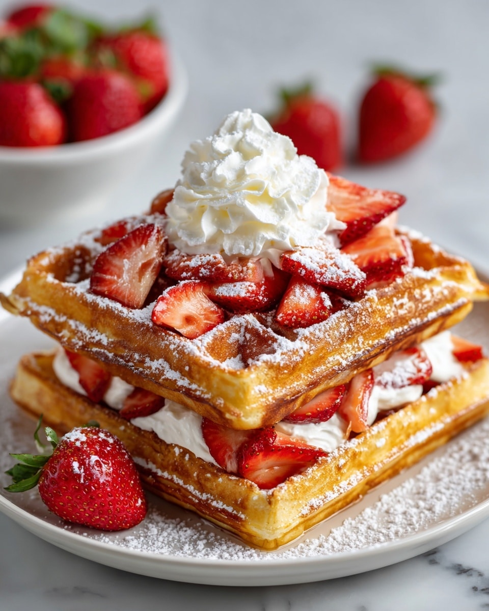 The dish shows two thick golden-brown waffles stacked on a white plate with a white marbled texture background. Between the waffles, there is a layer of white cream mixed with sliced red strawberries and some strawberry syrup oozing out slightly. On top of the second waffle, more bright red strawberry slices are spread out, and a swirl of white whipped cream sits in the center, adding height and texture to the stack. Powdered sugar is dusted lightly over the waffles and plate, enhancing the overall look. Photo taken with an iphone --ar 4:5 --v 7