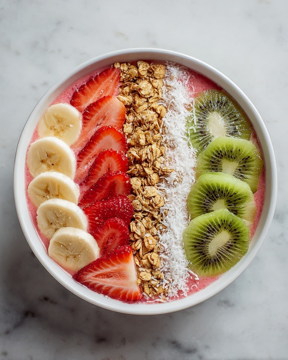 A white bowl filled with a pink smoothie base, topped with four neat rows of toppings: on the left, bright red strawberry slices with a juicy texture; next to it, a row of creamy, light yellow banana slices; to the right of the bananas, a strip of golden brown granola mixed with white shredded coconut and thin coconut flakes; and on the far right, three vibrant green kiwi slices with visible black seeds. The bowl sits on a white marbled surface. Photo taken with an iphone --ar 4:5 --v 7