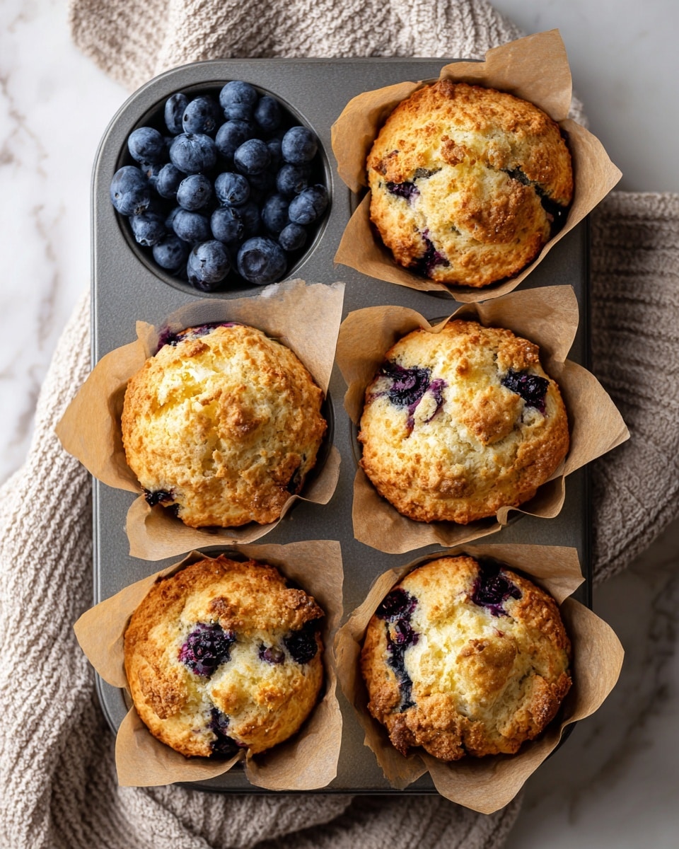 A close-up view of multiple small muffins with blueberries inside and on top, placed on a white marbled surface. The muffins are golden brown with a slightly rough texture and small cracks on the top, showing soft crumb inside. Scattered fresh blueberries surround the muffins, adding bright blue spots against the light surface. The image focuses on the front muffin with others blurred softly in the background. Photo taken with an iphone --ar 4:5 --v 7
