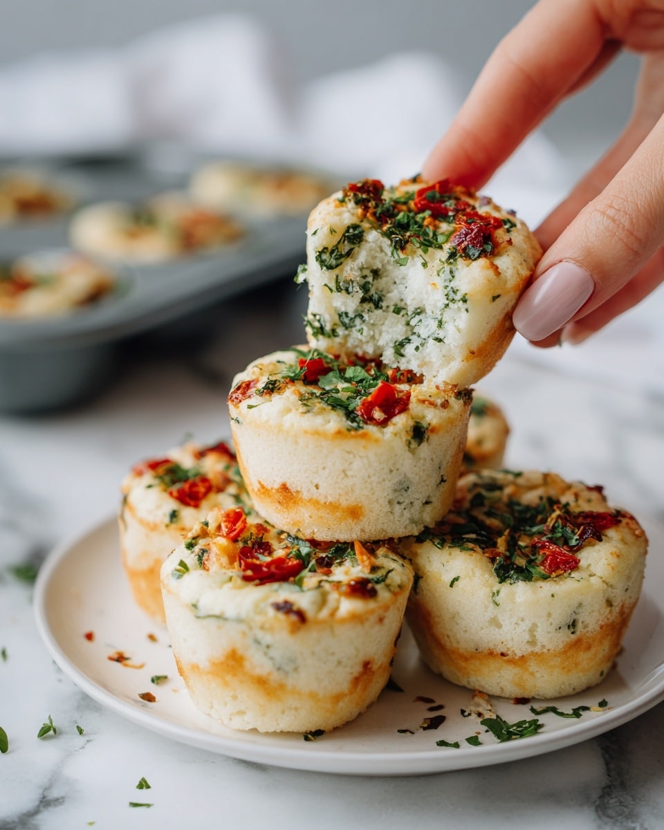 The image shows a stack of small white fluffy muffins on a white plate with a soft texture. Each muffin has three layers: a bottom white spongy layer, a middle green layer of finely chopped herbs or spinach, and a top white layer with small pieces of red tomato and green herbs sprinkled on it. One muffin on top is bitten, showing the soft inside. The plate is on a white marbled surface with a blurred grey muffin tray in the background. A woman's hand is reaching out to hold one muffin. photo taken with an iphone --ar 4:5 --v 7