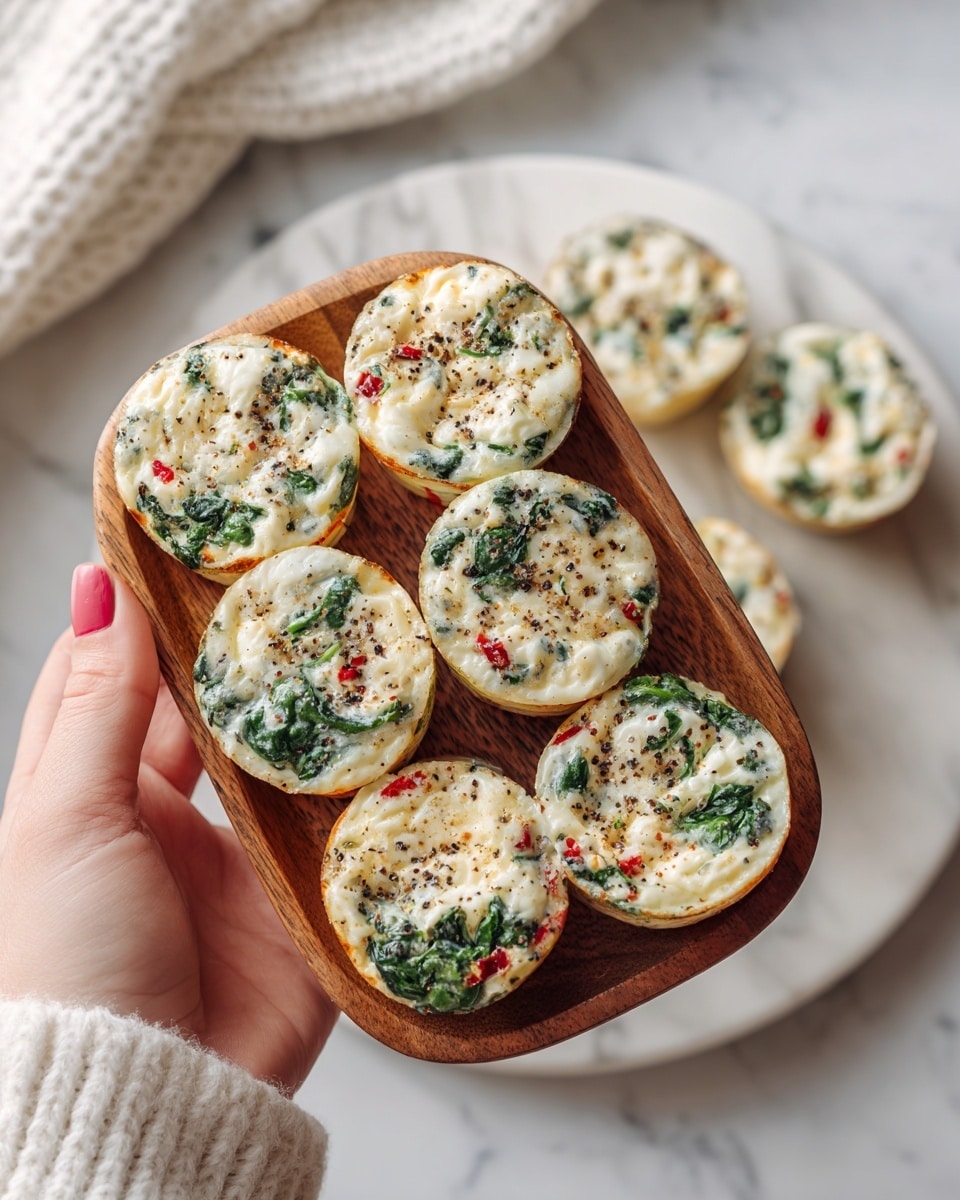 A woman's hand is holding a small wooden tray with two round egg muffins. Each muffin has a white base with visible bits of green spinach and small red pieces spread on top, sprinkled with black pepper. The muffins are slightly fluffy with a light golden crust around the edges. In the background, a white rectangular plate on a white marbled surface holds six more egg muffins with similar colors and textures. The overall setting has a bright, clean look. photo taken with an iphone --ar 4:5 --v 7