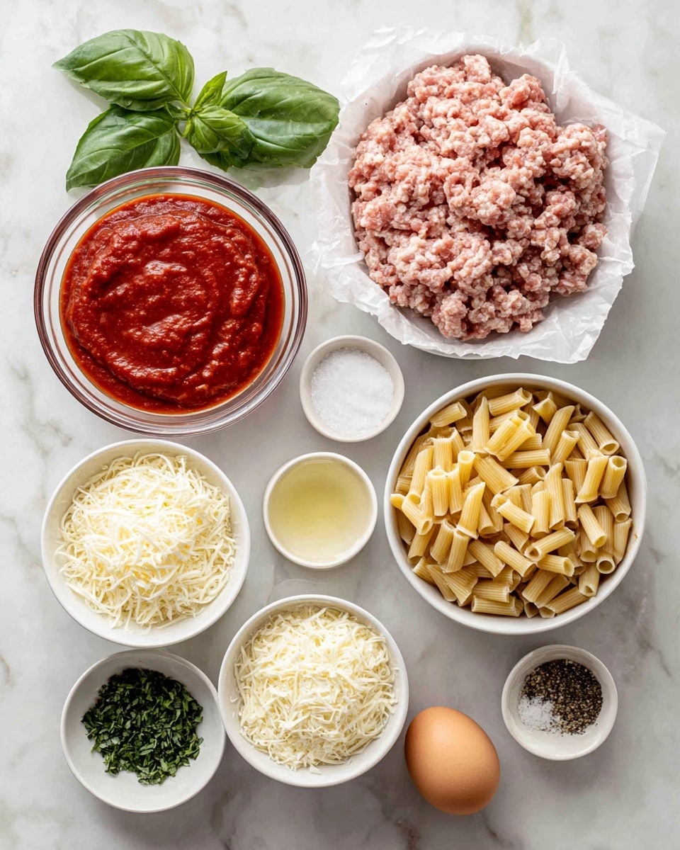 The image shows various ingredients neatly arranged on a white marbled surface. From top left, there is a clear glass bowl filled with bright red tomato sauce, next to a white paper-lined round dish holding raw ground meat with a pink and white marbled texture. To the right, a white bowl is full of dry rigatoni pasta in a light golden tan color. Below the meat and pasta, smaller white bowls contain shredded mozzarella cheese in creamy white, grated parmesan cheese in pale off-white, fresh chopped green herbs, a mixture of dried herbs, and a light yellow liquid resembling oil. There is also a single brown egg positioned near a small white bowl with salt and another with black pepper. Fresh green basil leaves are placed decoratively on the surface. The photo taken with an iphone --ar 4:5 --v 7