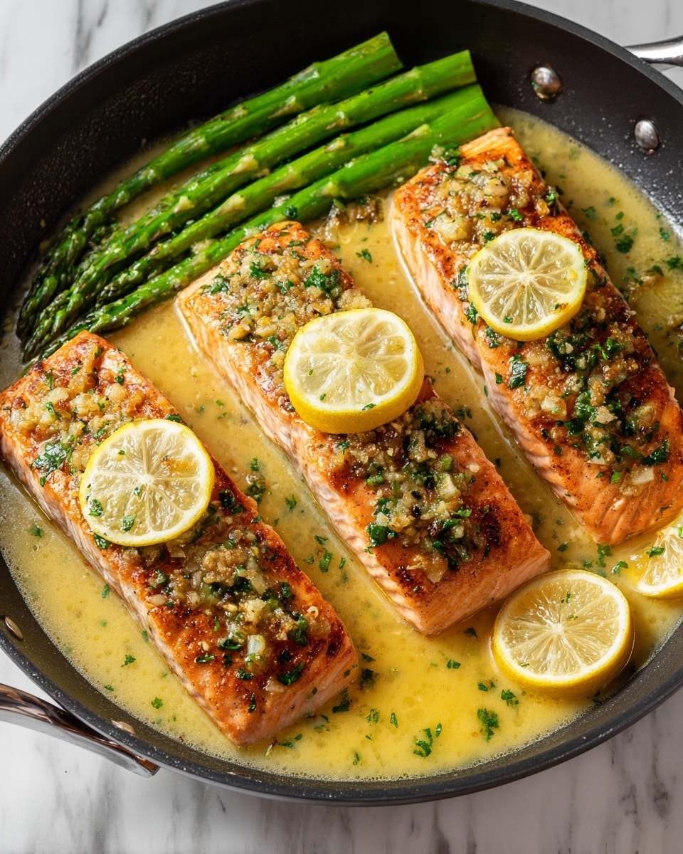 The image shows three thick salmon fillets in a pan, each fillet topped with a small slice of lemon and sprinkled with chopped green herbs and minced garlic. The salmon has a brown, slightly crispy edge with a pink, tender inside. Around the salmon is a light golden sauce with a shiny texture. To the left, there are several bright green asparagus spears laid in the pan. The scene is set on a white marbled surface. photo taken with an iphone --ar 4:5 --v 7