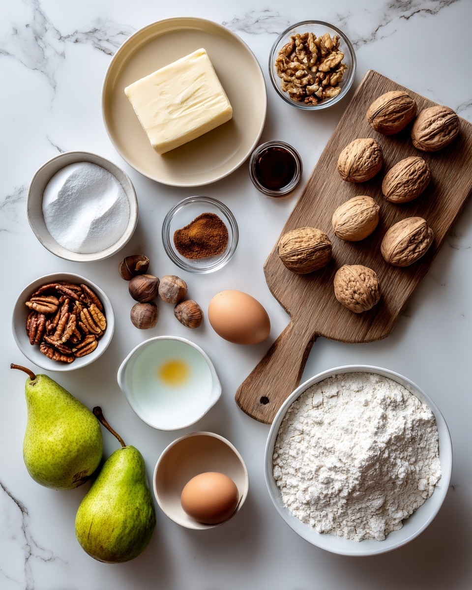 The image shows various baking ingredients arranged neatly on a white marbled surface. At the bottom right, there is a large white bowl filled with flour. Above it to the right, a wooden board holds five whole walnuts and an empty eggshell. To the left, there is a small white bowl with white sugar, a few cracked hazelnuts, and two green pears placed nearby. Above, a slice of butter rests on a light beige plate. Surrounding the butter are a small glass bowl with a dark liquid, a white bowl holding a raw egg white, a whole egg, and an empty half eggshell. There are also two bowls with pecans and walnuts, and a small bowl of brown cinnamon powder, all positioned toward the top left. The composition is tidy and bright, with natural lighting emphasizing the colors and textures. Photo taken with an iphone --ar 4:5 --v 7