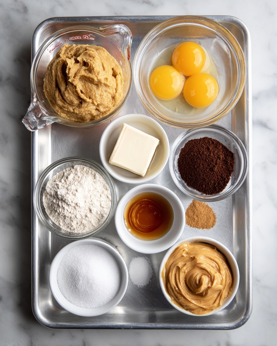 The image shows a silver baking tray with nine small containers of ingredients arranged neatly. On the top left, a clear glass measuring cup holds a thick, light brown mixture labeled banana. A small white square of butter sits next to it. In the top right corner, a clear glass bowl contains two raw eggs with bright yellow yolks. Below the eggs, a small white bowl filled with white sugar is slightly off center. To the right, a small glass bowl holds dark brown sugar with a grainy texture. At the bottom left, a white bowl is filled with a fine white powder, labeled gluten free flour. Next to it is a tiny white bowl with amber-colored vanilla extract. On the bottom right, a white bowl contains smooth peanut butter with a creamy golden brown color. Finally, a small white bowl in the bottom center holds a mixture of white baking soda, brown cinnamon, and a pinch of salt. The tray sits on a white marbled surface. photo taken with an iphone --ar 4:5 --v 7