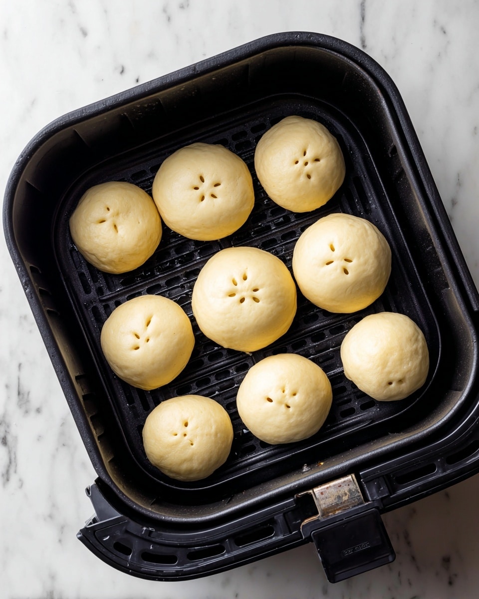Inside a black air fryer basket with a grid pattern at the bottom, there are four stacked round dough pieces with holes in the center, looking soft and pale yellow. Around these stacks are six small round dough balls, evenly spread out. The background is a white marbled surface. photo taken with an iphone --ar 4:5 --v 7
