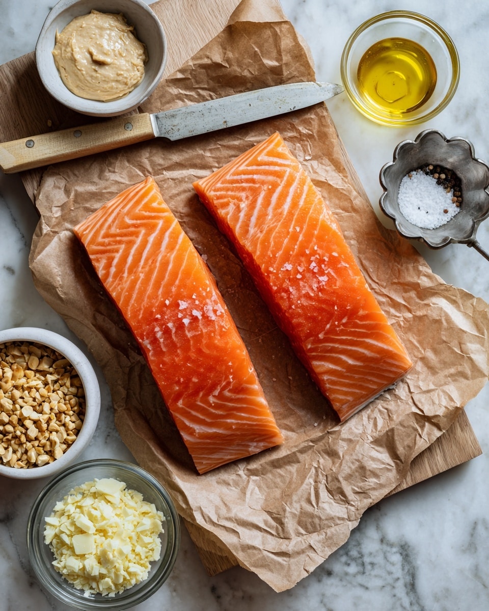 Two bright orange salmon fillets with white lines run diagonally side by side on crumpled brown paper that is placed on a light wooden cutting board. Above the fillets, there is a large knife with a slightly worn, light wooden handle resting on the same paper. Surrounding the cutting board are small glass and metal bowls containing different ingredients: one bowl has a beige-colored creamy paste, another has a yellow liquid likely oil, a metal measuring cup is filled with coarse white salt, a flower-shaped metal container holds ground black pepper, and a small glass bowl contains finely mashed pale yellow garlic. On the left side, there is a white bowl filled with crushed golden-brown nuts or spices. All objects are set on a smooth white marbled surface. Photo taken with an iphone --ar 4:5 --v 7
