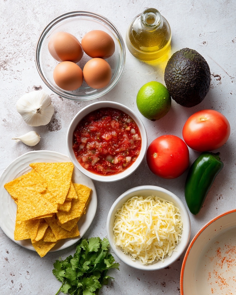 This image shows an overhead view of several ingredients laid out on a white marbled surface. In the top left, there is a clear glass bowl holding four brown eggs, next to a small glass bottle of olive oil. To the right, a white bowl contains a dark green avocado, two bright red tomatoes, one lime, a white onion, and a green jalapeño, all sitting together. Below the eggs, a white bowl is filled with chunky red salsa. Next to it, a small clear glass bowl holds shredded pale yellow cheese. In the bottom left corner, several triangular yellow tortilla chips rest on a round white plate. Fresh green cilantro sprigs and a garlic clove are placed near the center. The edge of an orange and white frying pan is visible in the bottom right corner, with the white cooking surface showing some wear. The photo taken with an iphone --ar 4:5 --v 7