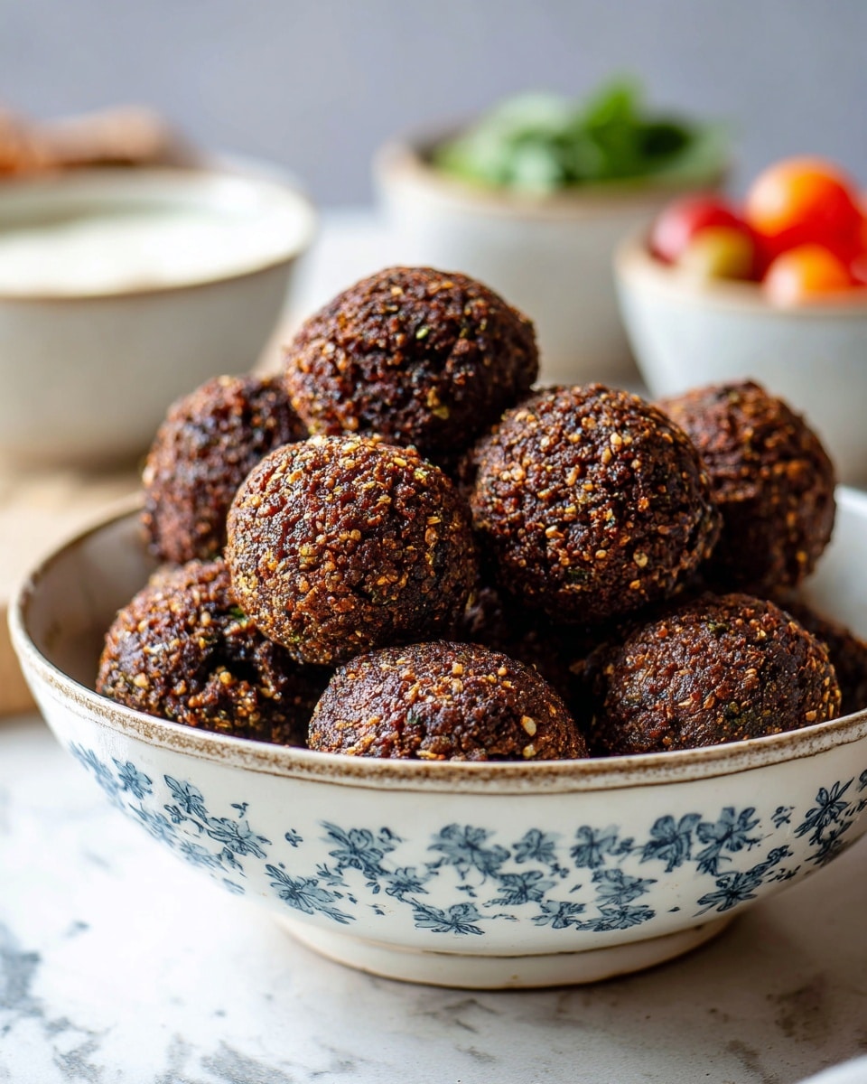 A pile of dark brown falafel balls with a rough, crispy texture sits in a white bowl with a blue floral pattern around the edge. Each falafel ball has a coarse, grainy surface showing small bits of chickpeas and herbs. The bowl is placed on a surface with a white marbled texture. In the blurry background, there are three small white bowls, one filled with a white sauce, and some colorful ingredients like cherry tomatoes and green herbs in a white bowl. The scene is lit softly, making the falafel's crispy outside clear and inviting photo taken with an iphone --ar 4:5 --v 7