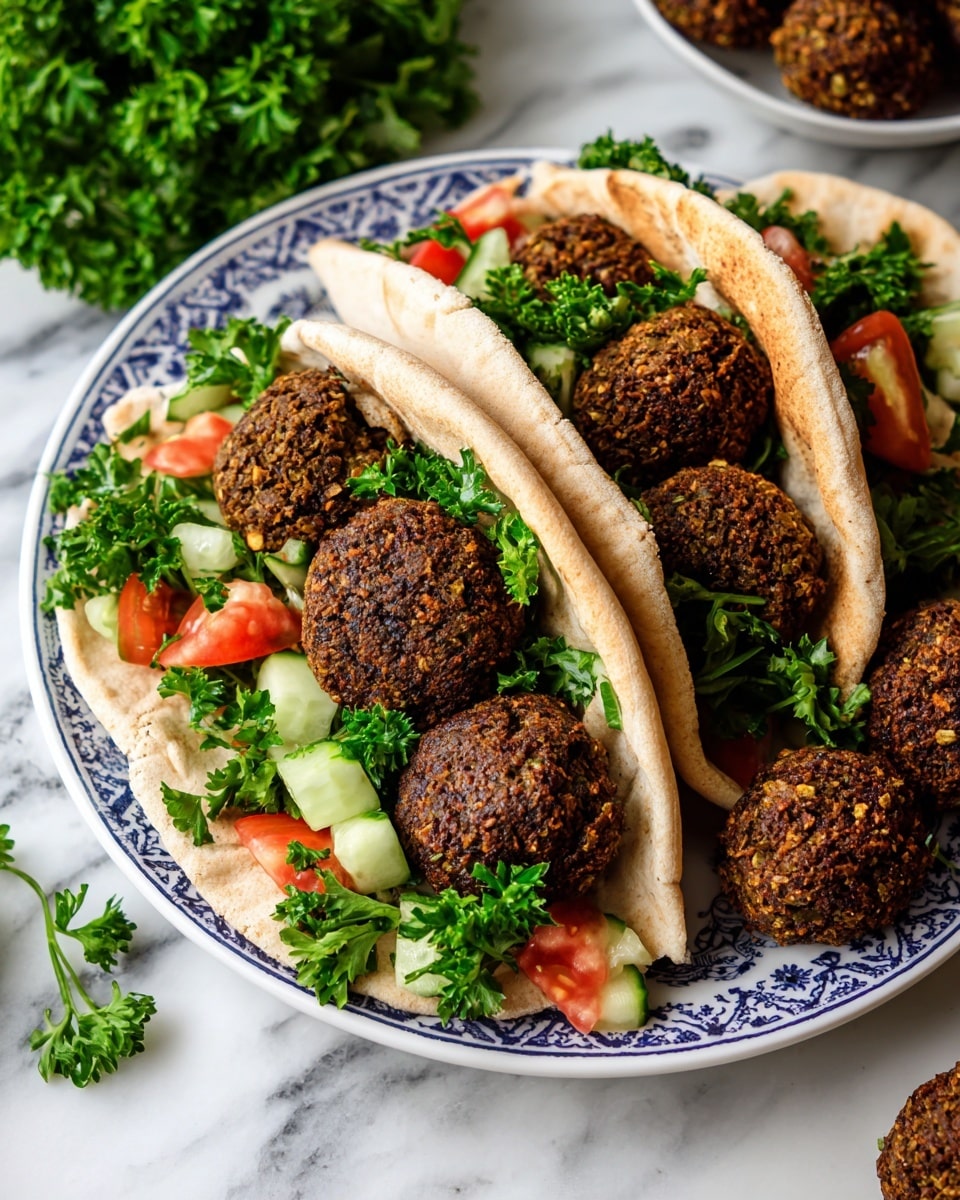 A white plate with a blue floral pattern holds three pita pockets filled with several dark brown falafel balls as the bottom layer. Inside each pita, there are fresh green parsley leaves as a middle layer along with small slices of red tomatoes and cucumbers providing hints of red and green throughout. Some falafel balls rest outside the pita, next to the plate. The plate sits on a white marbled surface with a cozy blurred background. Photo taken with an iphone --ar 4:5 --v 7