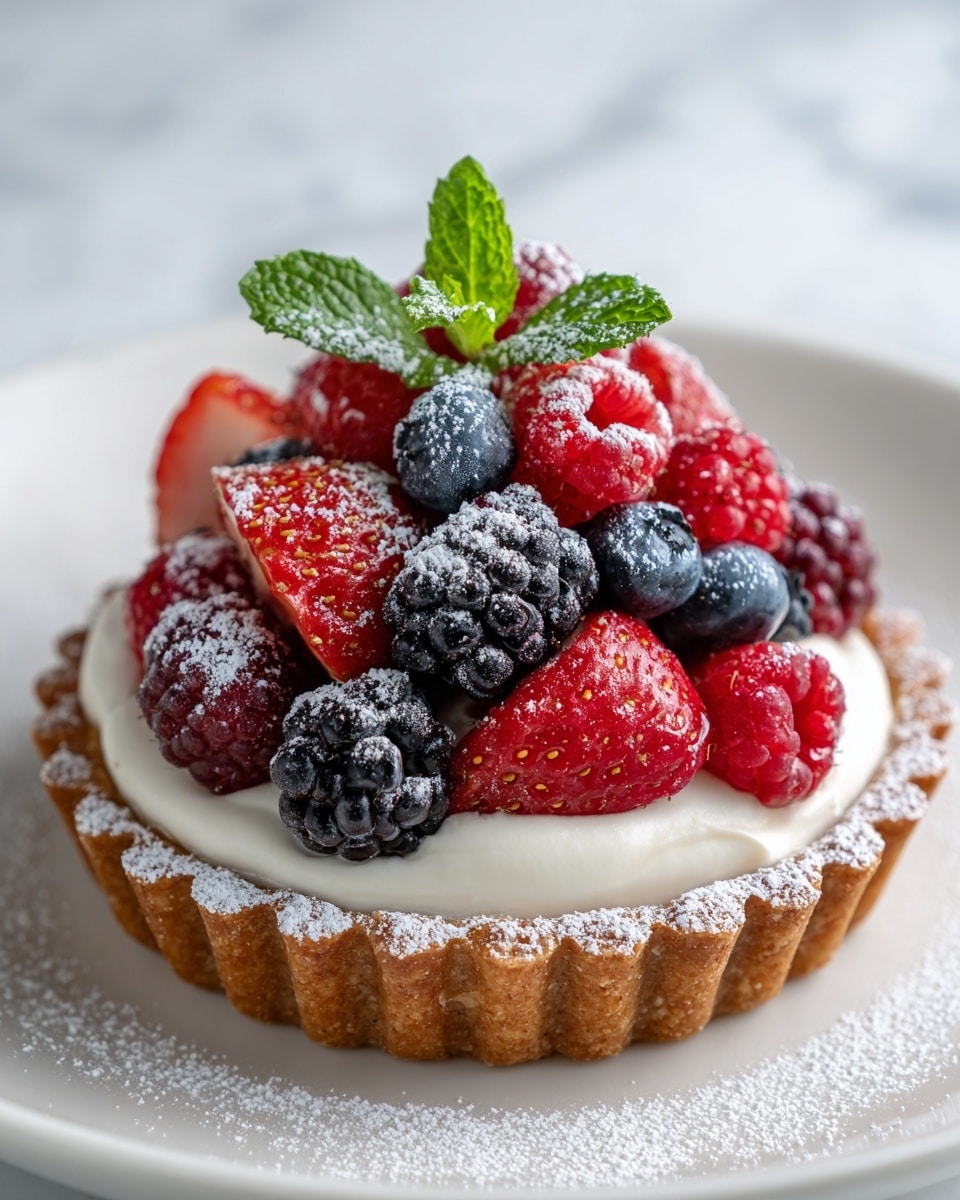 A tart with three visible layers is placed on a white plate over a white marbled background. The bottom layer is a light golden, ridged crust with a crumbly texture. The middle layer is a smooth, creamy white filling shaped with swirled peaks. The top layer is a colorful mix of fresh berries including bright red strawberries, dark purple blackberries, deep blue blueberries, and red raspberries, all dusted with a light white powdered sugar. A small sprig of fresh green mint is placed at the top center, adding a touch of color contrast. The plate has a few light dustings of powdered sugar around the tart. Photo taken with an iphone --ar 4:5 --v 7