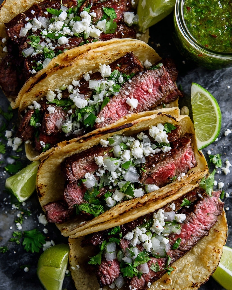 Four soft, white corn tortillas are filled with layers of pink, grilled steak pieces with charred edges, fresh green chopped cilantro, and small white onion pieces. The steak is topped with a crumbly white cheese scattered across the top. The tacos sit on a white marbled surface with lime wedges and sprigs of cilantro around them. The image is bright and colorful with clear textures of the tortilla, meat, and fresh ingredients. Photo taken with an iphone --ar 4:5 --v 7
