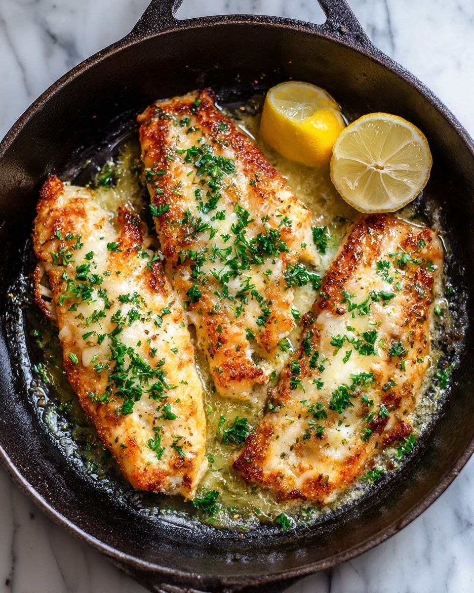 The image shows a black cast iron pan with three pieces of golden brown baked fish, each piece topped with melted cheese that has a slightly crispy, bubbly texture. The fish looks white and flaky under the cheese layer. Fresh chopped green herbs are scattered over the fish and the light yellow butter sauce, which covers the bottom of the pan. A halved lemon with a bright yellow rind and pale yellow inside sits near the fish on the right side. The pan is placed on a wooden surface replaced by a white marbled texture. photo taken with an iphone --ar 4:5 --v 7