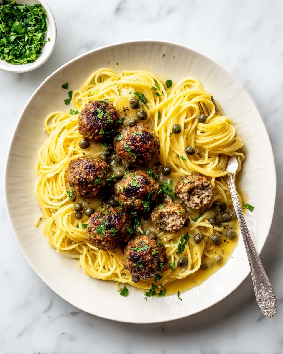 The image shows a white plate filled with two main layers of food. On the right side, there is a nest of long, yellow pasta strands that have a smooth and slightly shiny texture. On the left side of the plate, there is a layer of small, round, golden-brown meatballs covered in a glossy light brown sauce with scattered green capers. Some chopped fresh green herbs are sprinkled over the meatballs and pasta. To the right edge of the plate, a silver fork rests with one meatball broken open, showing its light brown inside. The background is a white marbled surface with a small white bowl of chopped green herbs visible on the upper left corner. Photo taken with an iphone --ar 4:5 --v 7