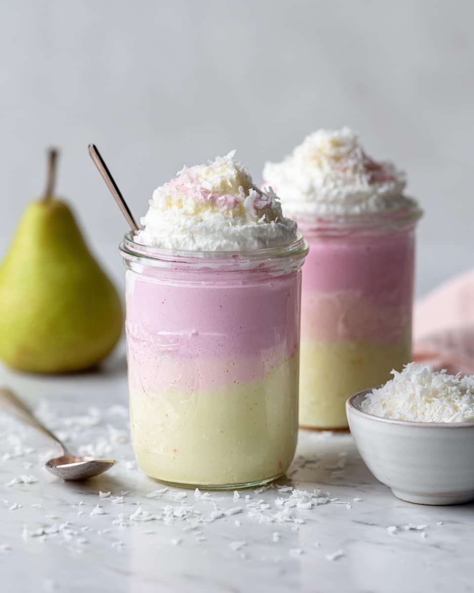 Two clear glass jars are filled with a creamy dessert showing three distinct layers. The bottom layer is light yellow, smooth and thick, forming about half the jar. The middle layer is a soft pink with a bit of orange swirled on top, blending gently into the yellow below. The top layer is white and fluffy, covering the jar’s surface and sprinkled with white flakes that look like coconut. A small silver spoon sticks out of the jar on the right. A half sliced pear with green skin is on the left side near the jars, and a small white bowl full of white flakes is on the right. All items sit on a white marbled surface scattered with white flakes. Photo taken with an iphone --ar 4:5 --v 7
