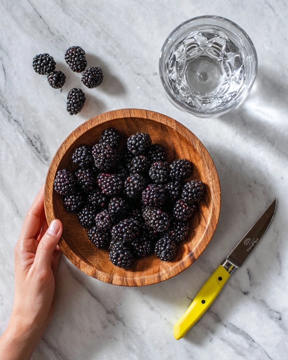 The image shows a top view of a wooden bowl filled with blackberries, with several blackberries scattered beside it on a white marbled surface. Next to the bowl, there is a clear glass placed upside down. A woman's hand is holding a yellow-handled knife resting near the items. The colors are natural, with the dark purple-black berries contrasting with the light wood of the bowl and the clear glass. photo taken with an iphone --ar 4:5 --v 7