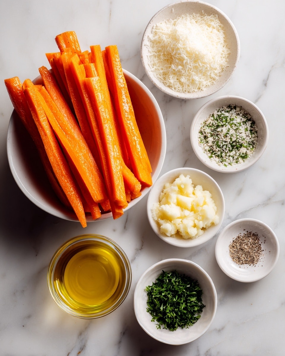 The image shows many carrot sticks placed in a white bowl on the left side over a white marbled surface. To the right, there are six small white bowls arranged with ingredients: the top bowl holds finely grated cheese, the next has salt, followed by pepper, parmesan cheese, chopped fresh parsley, and minced garlic. A small clear bowl of olive oil is also placed near the bottom left of the bowls. The colors range from the bright orange of the carrots to the pale yellow and white of the cheese and garlic, with green parsley adding contrast. photo taken with an iphone --ar 4:5 --v 7
