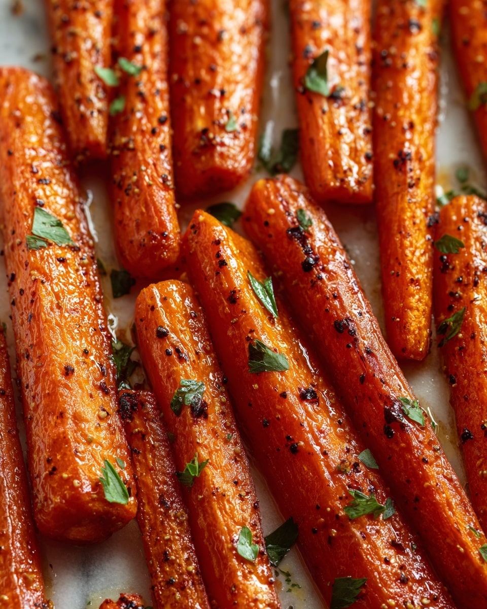 A close-up view of several roasted carrot sticks with a light char and crispy edges, each piece showing a bright orange color with caramelized brown spots. Small green parsley leaves are scattered around the carrots, adding a fresh touch. The carrots are arranged directly on a white marbled surface, with a slightly shiny texture from the oil or glaze used. The overall look is warm and inviting, with a mix of soft and crispy textures visible. Photo taken with an iphone --ar 4:5 --v 7