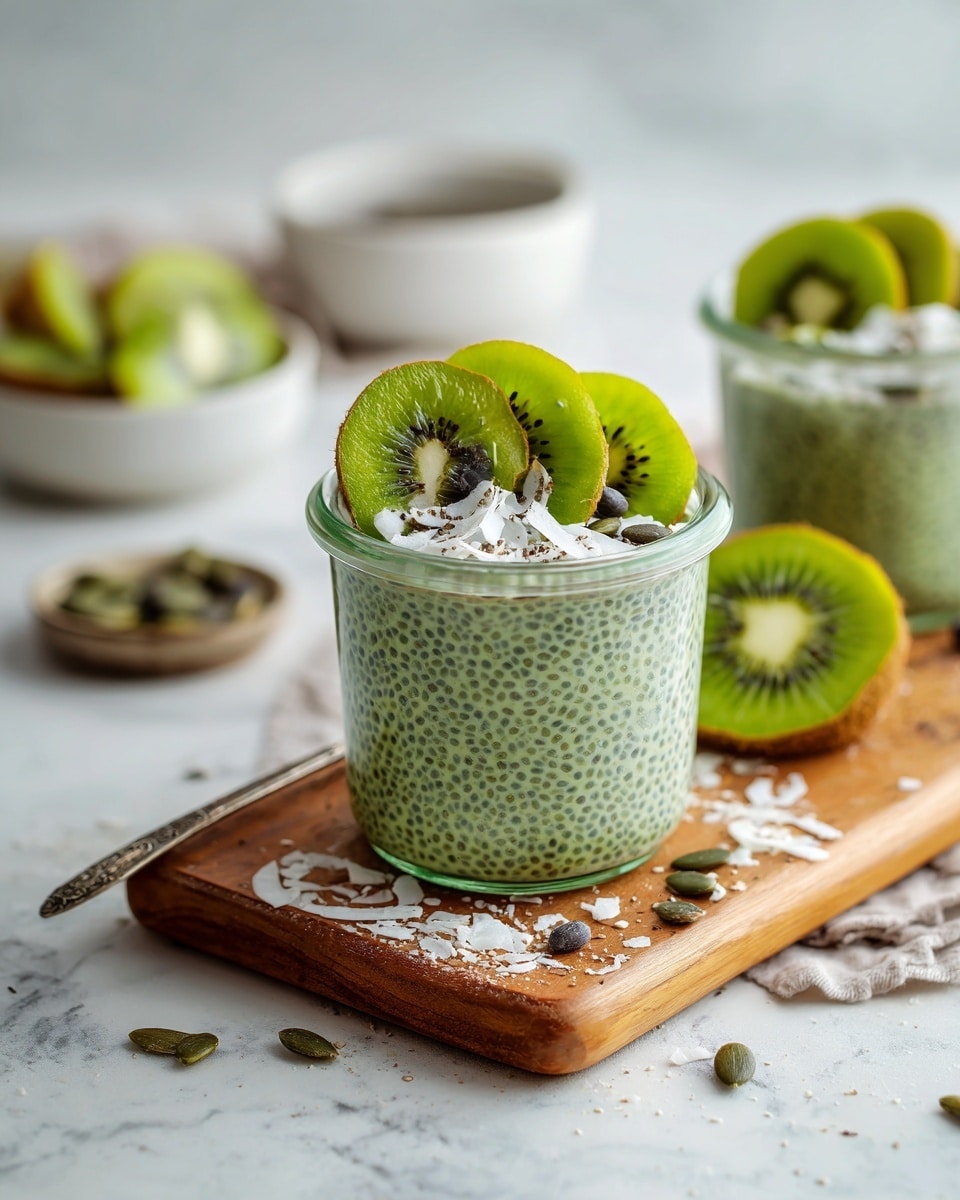 A clear glass jar filled with two layers: the bottom layer is a green chia pudding with visible chia seeds giving a speckled texture; the top layer is a topping of fresh sliced green kiwi pieces mixed with white shredded coconut flakes and a few green pumpkin seeds scattered on top. The jar is placed on a wooden board against a white marbled background with some shredded coconut and pumpkin seeds scattered around. Another similar jar is blurred in the background alongside white bowls and a jar. Photo taken with an iphone --ar 4:5 --v 7