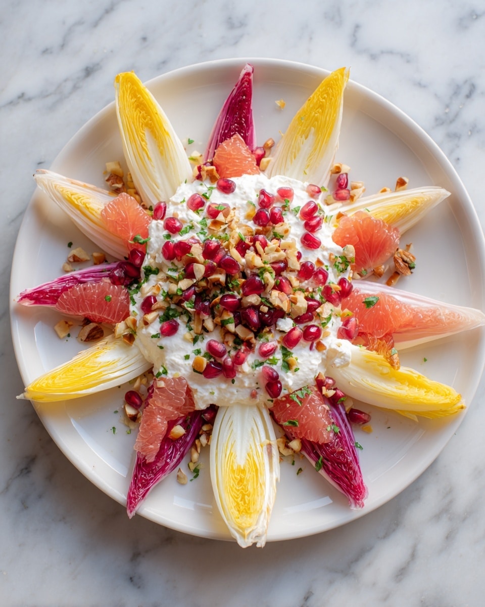 The dish is arranged on a white plate set on a white marbled surface. It has an outer layer of alternating yellow and deep reddish-purple endive leaves, fanning out like petals. On top of these leaves, there are scattered pieces of red pomegranate seeds and small bright orange segments. The middle layer is topped with a creamy off-white cheese spread, which is unevenly dolloped across the center. Finally, a mix of finely chopped herbs, nuts, and small bits of white onion are sprinkled over the entire dish, adding texture and color contrast throughout. Photo taken with an iphone --ar 4:5 --v 7
