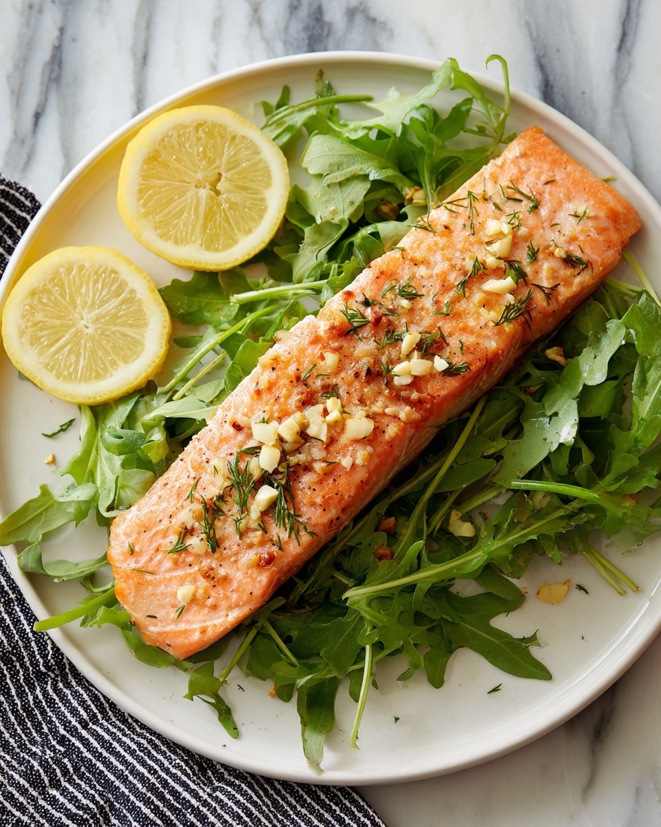 A white plate sits on a white marbled surface, holding a thick piece of cooked salmon with a pink-orange color. The salmon is topped with small pieces of chopped garlic and green herbs, adding a textured green and white layer over the fish's surface. Behind the salmon is a small pile of dark green arugula leaves, creating a fresh background. On the right side of the plate, there are two lemon wedges with bright yellow skin and light yellow fruit. A woman's hand holding a fork is seen in the bottom right corner, gently breaking into the cooked salmon, revealing the soft, flaky layers inside. photo taken with an iphone --ar 4:5 --v 7